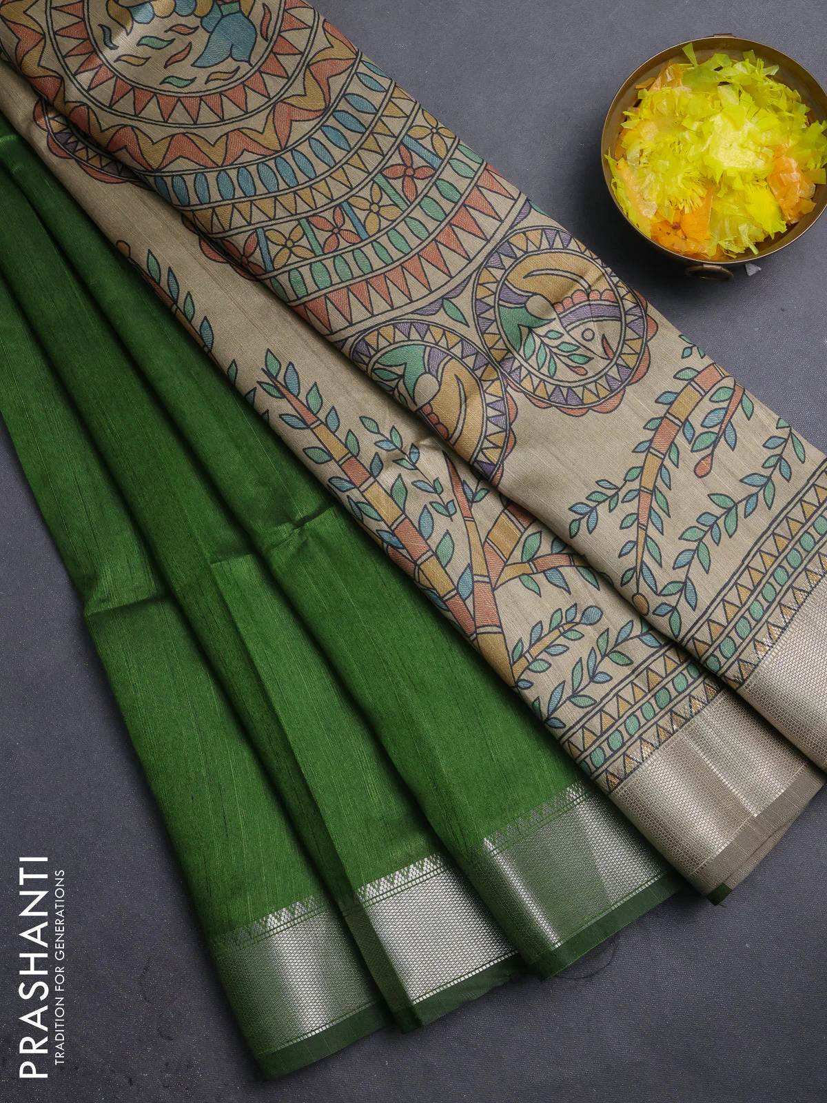Semi dupion saree light green and beige with plain body and madhubani printed pallu & blouse