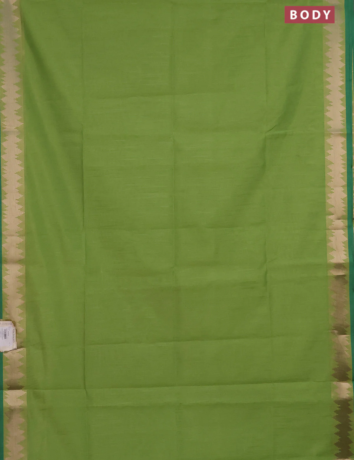 Semi dupion saree light green and teal green with plain body and temple design zari woven border - Image 2