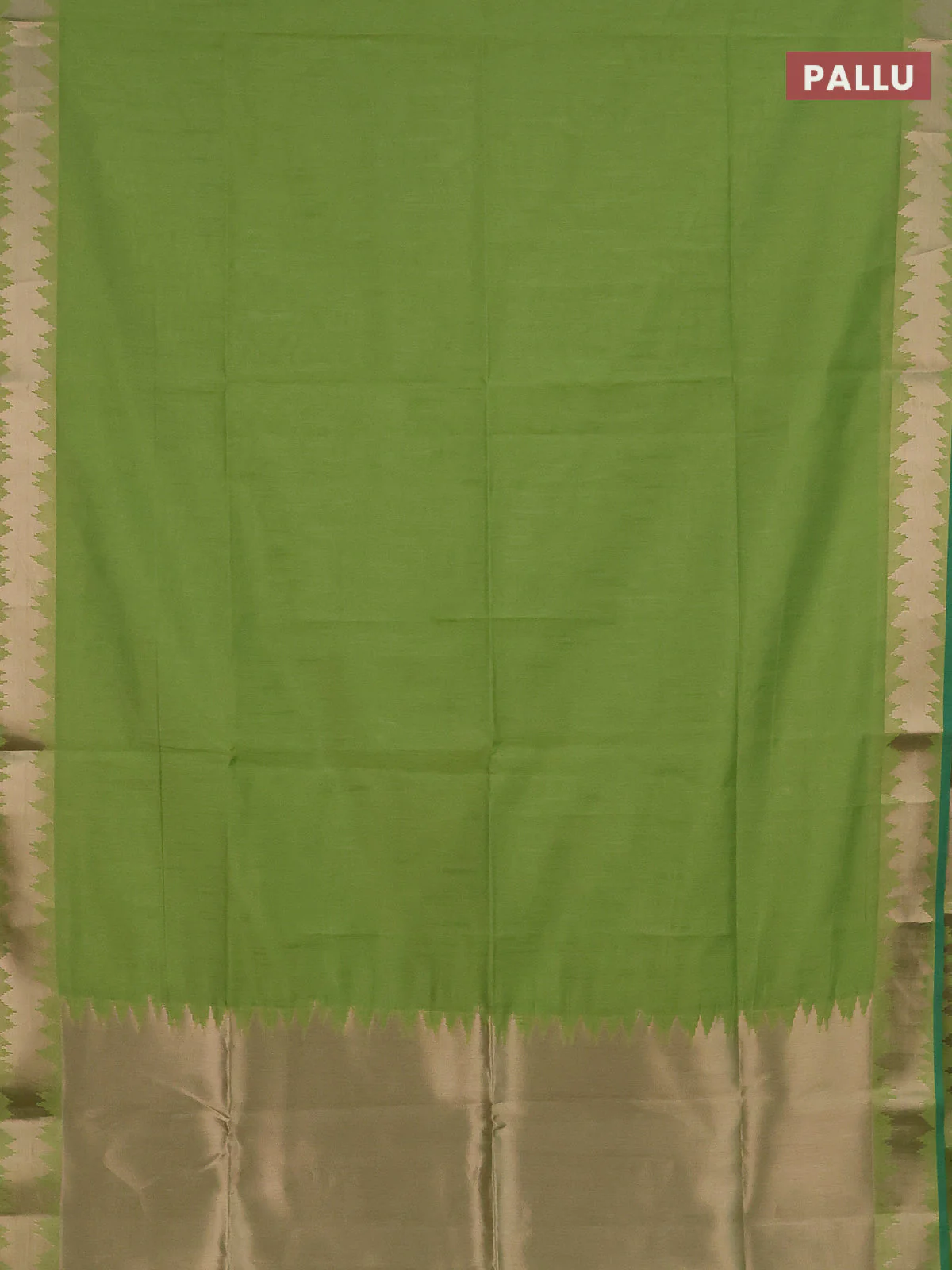 Semi dupion saree light green and teal green with plain body and temple design zari woven border - Image 3