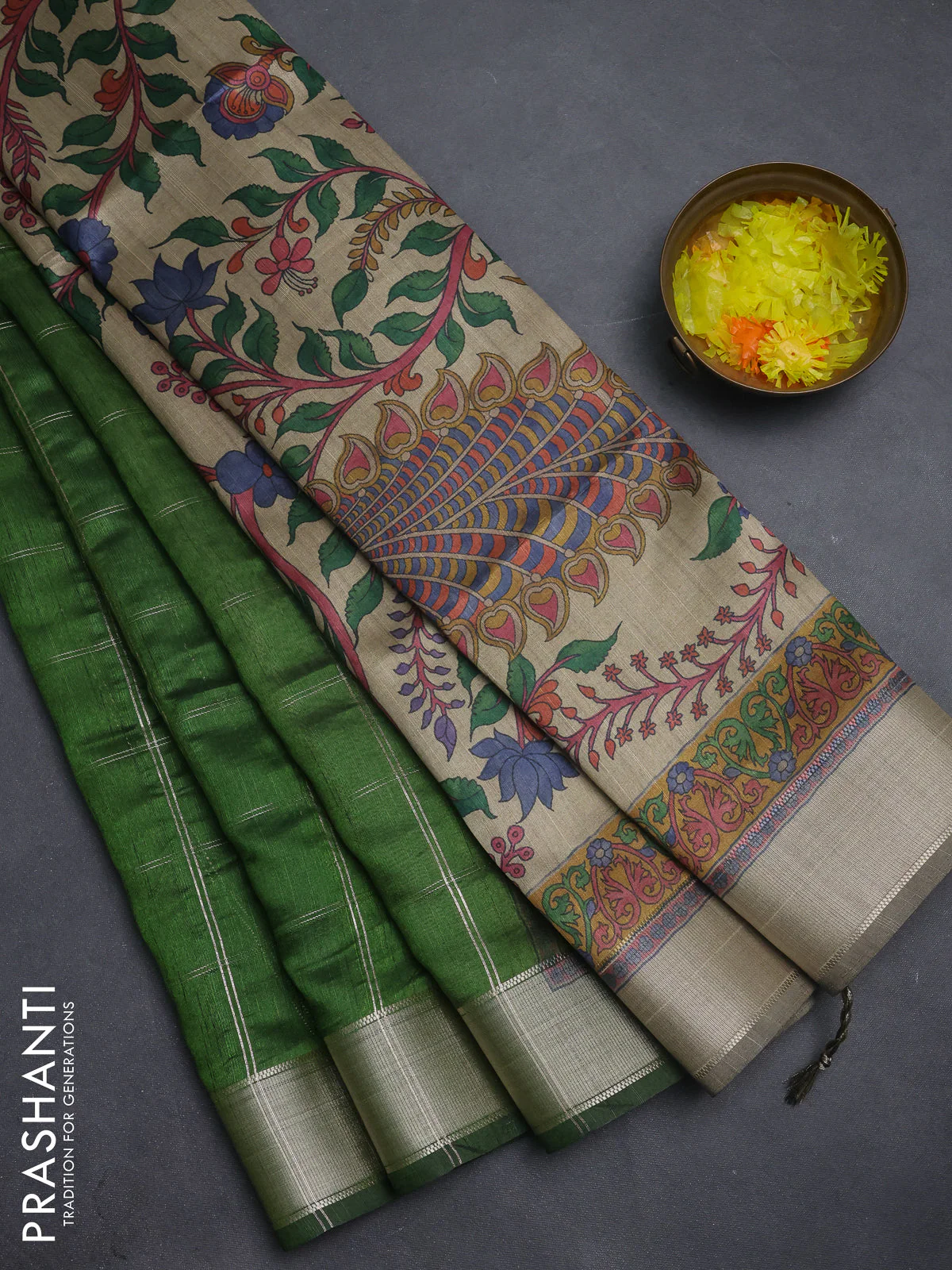 Semi dupion saree light green with allover zari checks pattern and madhubani printed pallu & blouse