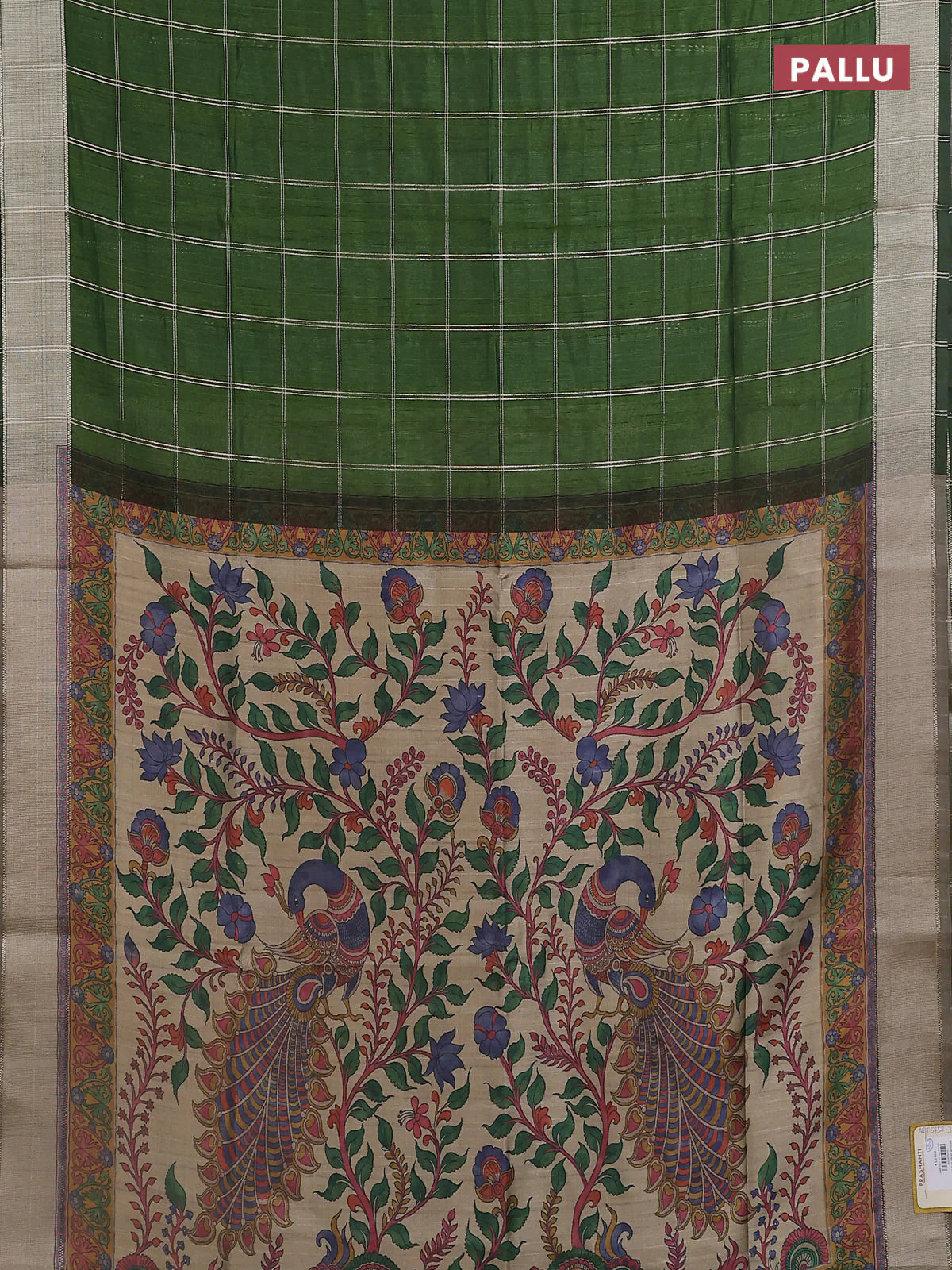 Semi dupion saree light green with allover zari checks pattern and madhubani printed pallu & blouse - Image 3