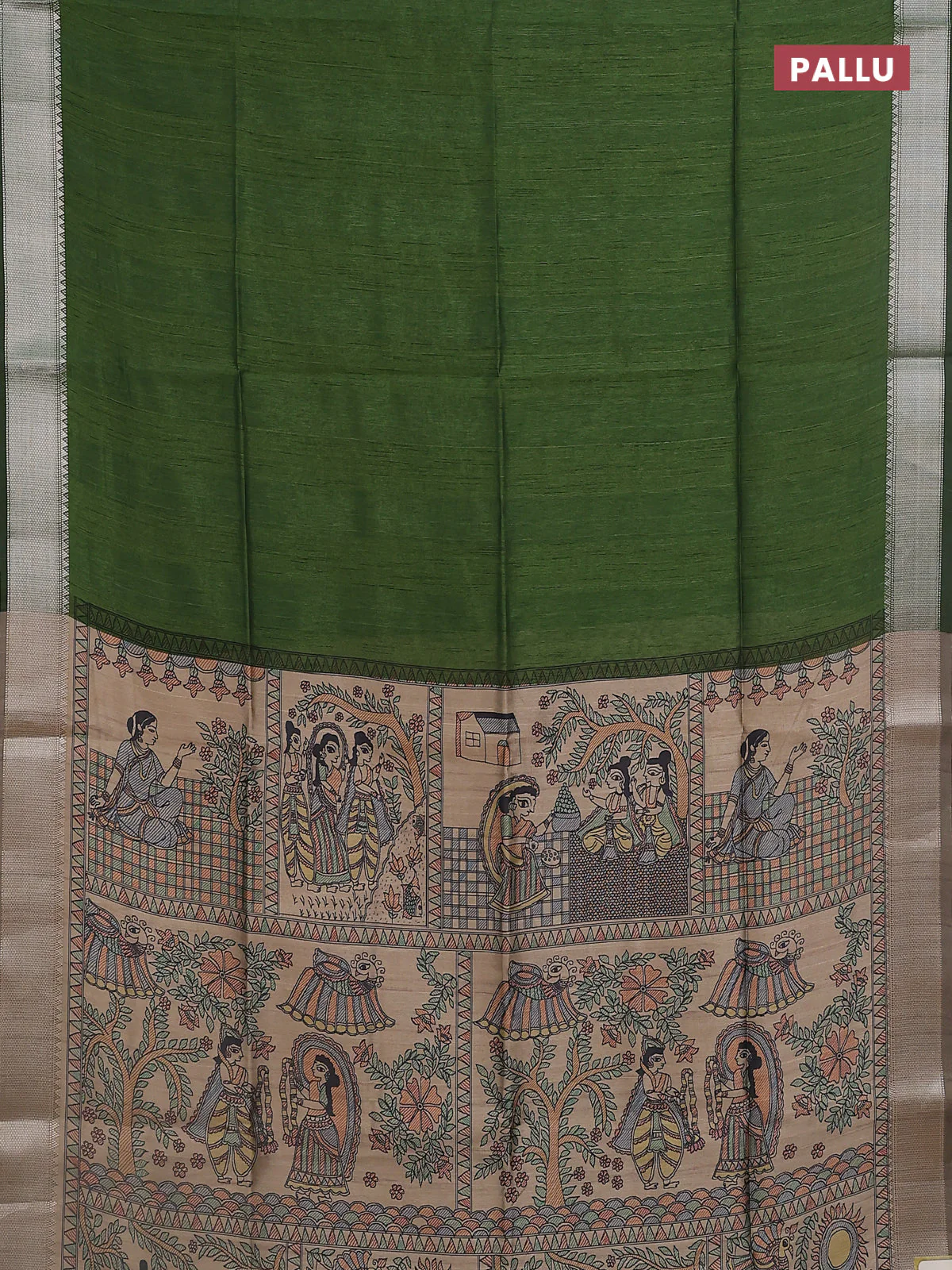 Semi dupion saree light green with plain body and madhubani printed pallu & blouse - Image 3