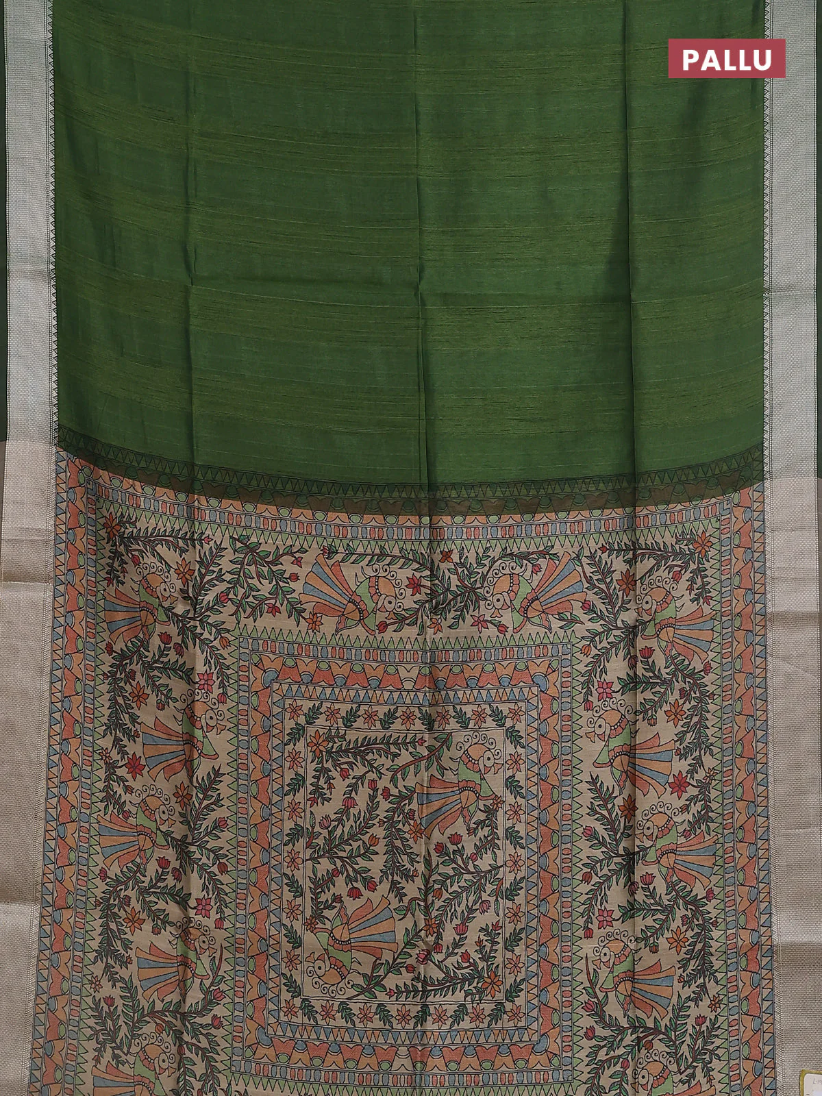 Semi dupion saree light green with plain body and madhubani printed pallu & blouse - Image 3