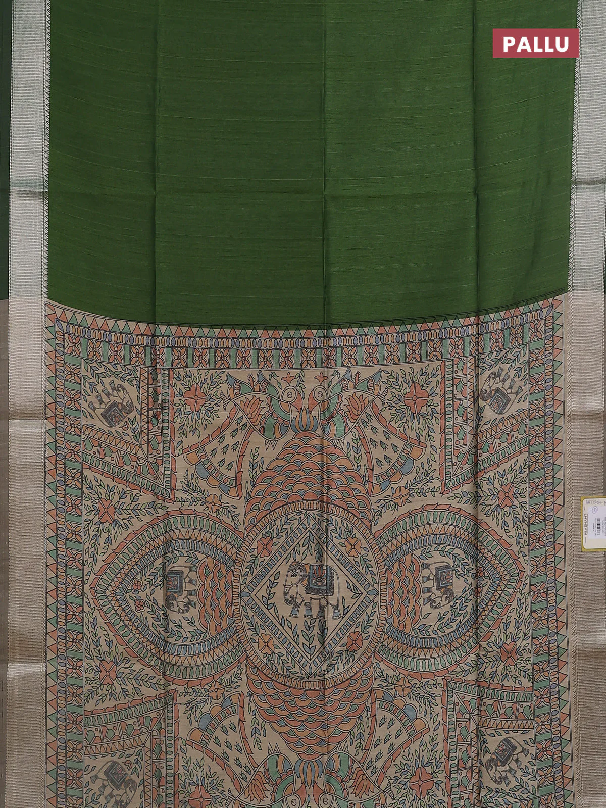 Semi dupion saree light green with plain body and madhubani printed pallu & blouse - Image 3