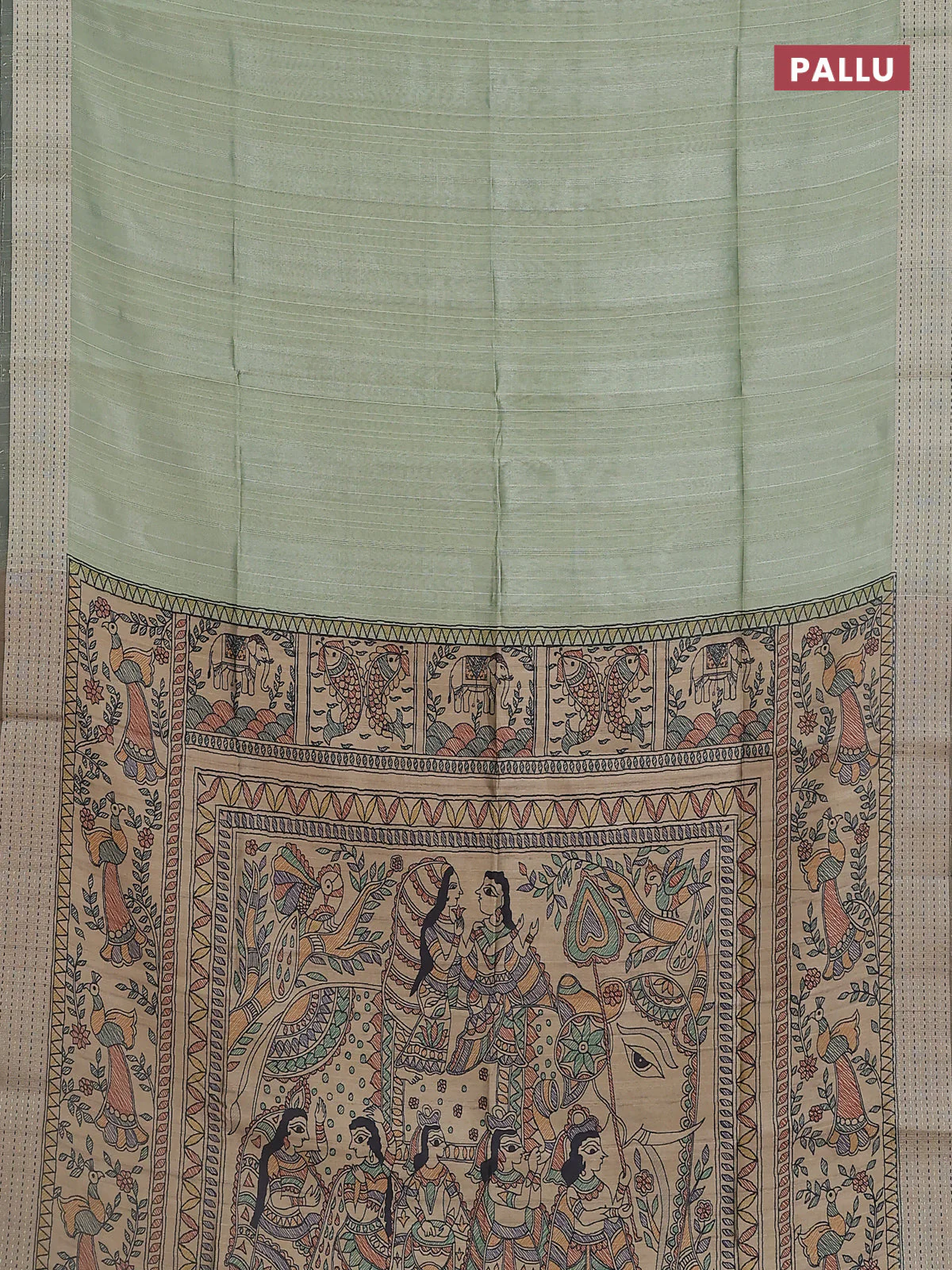 Semi dupion saree light green with plain body and madhubani printed pallu & kantha stitch work - Image 3