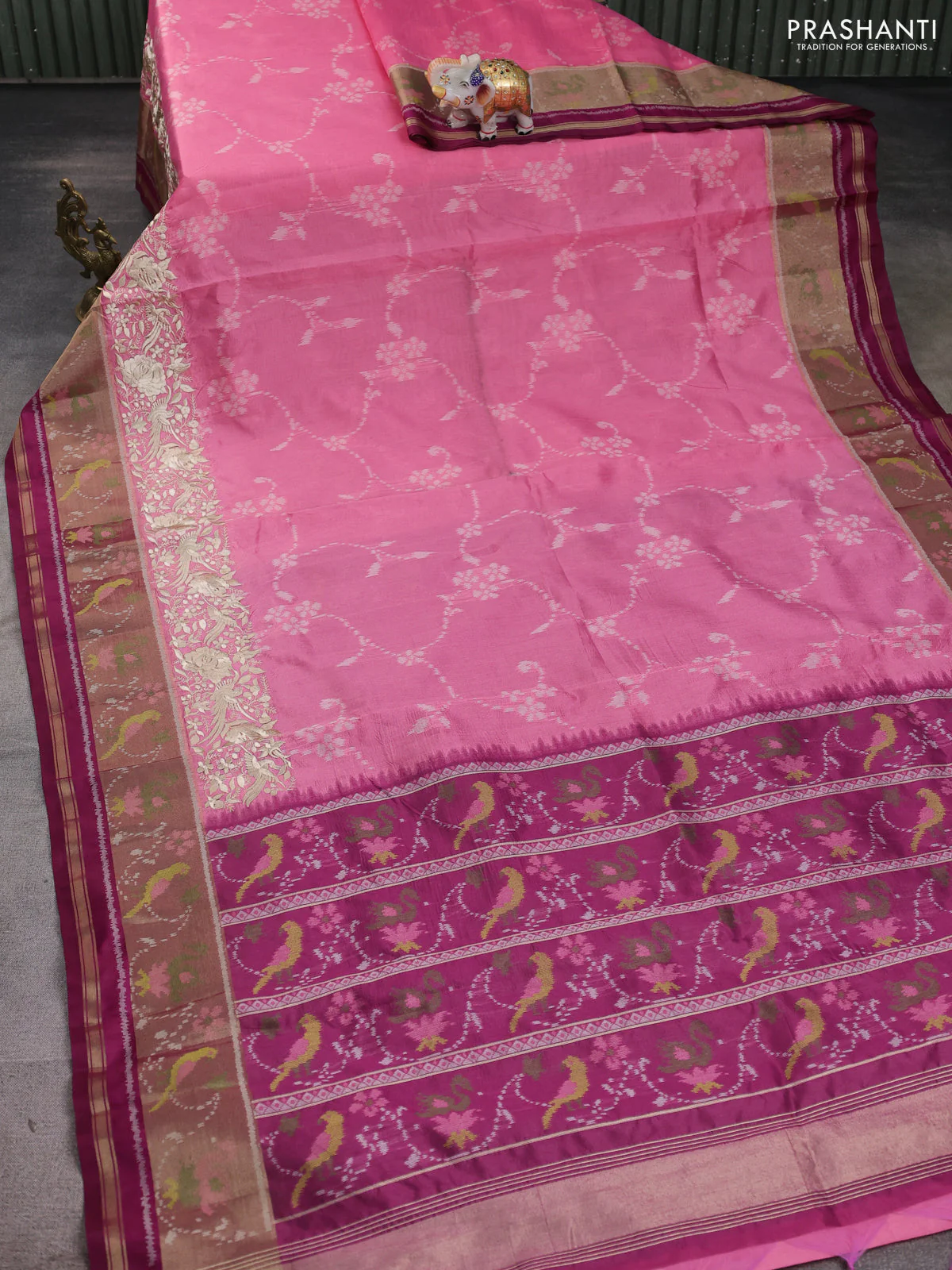 Semi dupion saree light pink and purple with allover thread weaves and parsi embroidery work zari woven border - Image 2