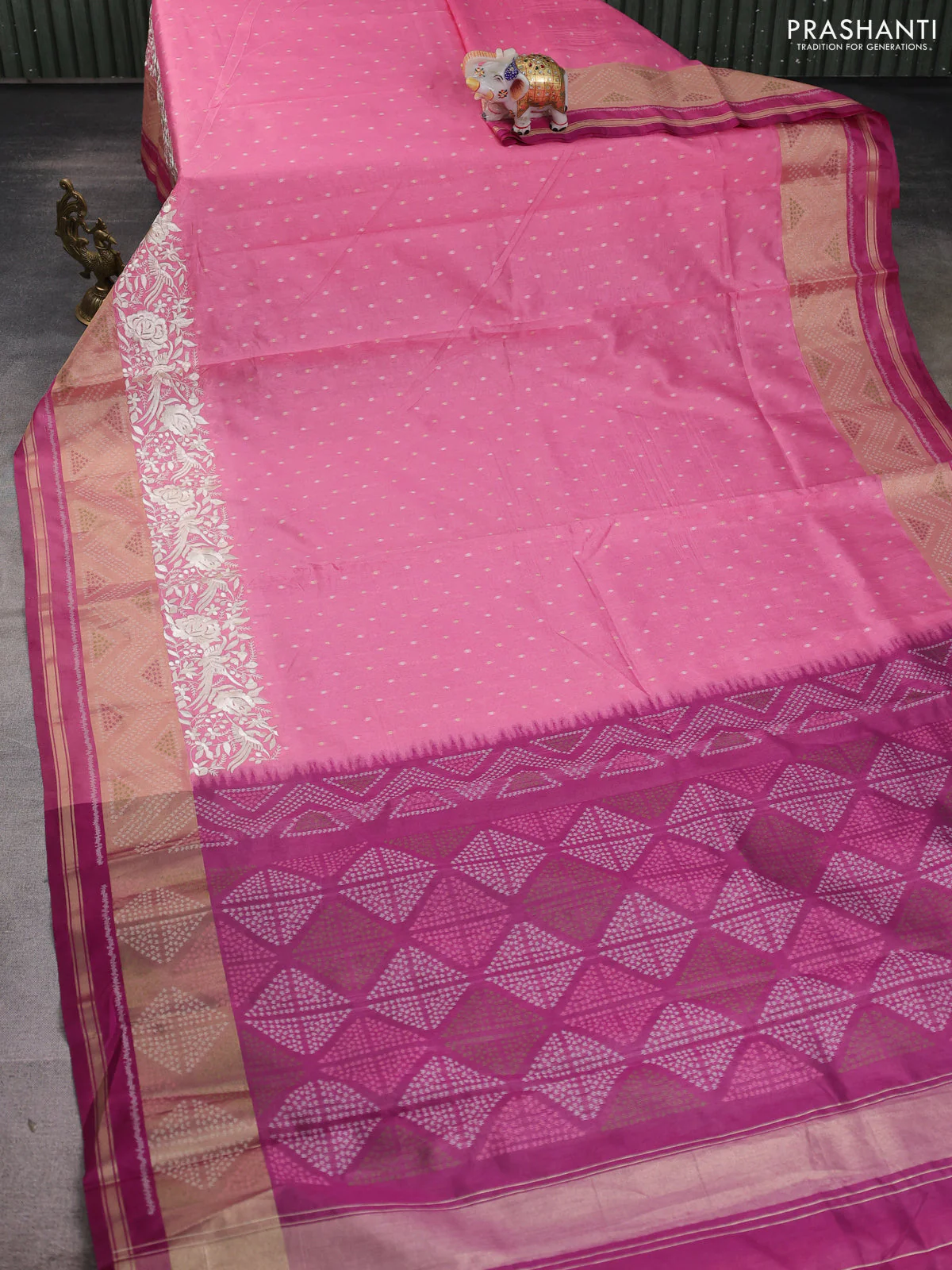Semi dupion saree light pink and purple with allover thread & zari woven buttas and parsi embroidery work zari woven border - Image 2