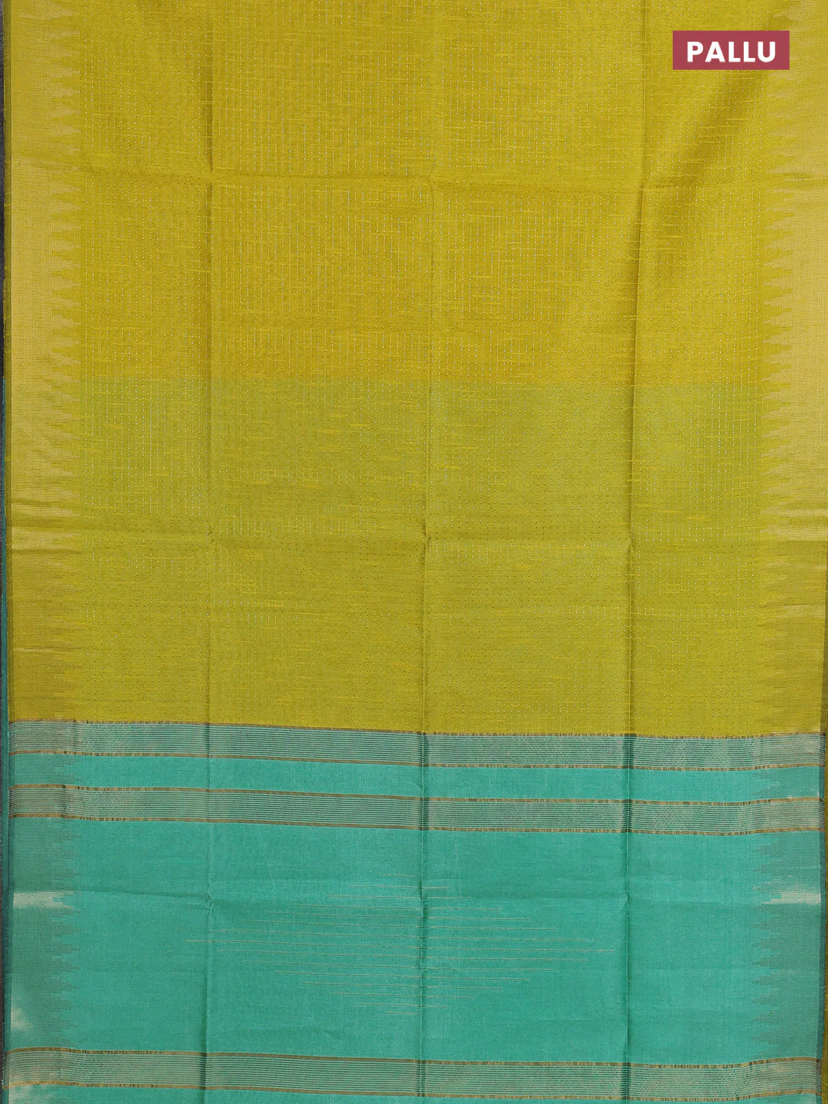 Semi dupion saree lime yellow and teal green with allover zari weaves and temple zari woven border - Image 3