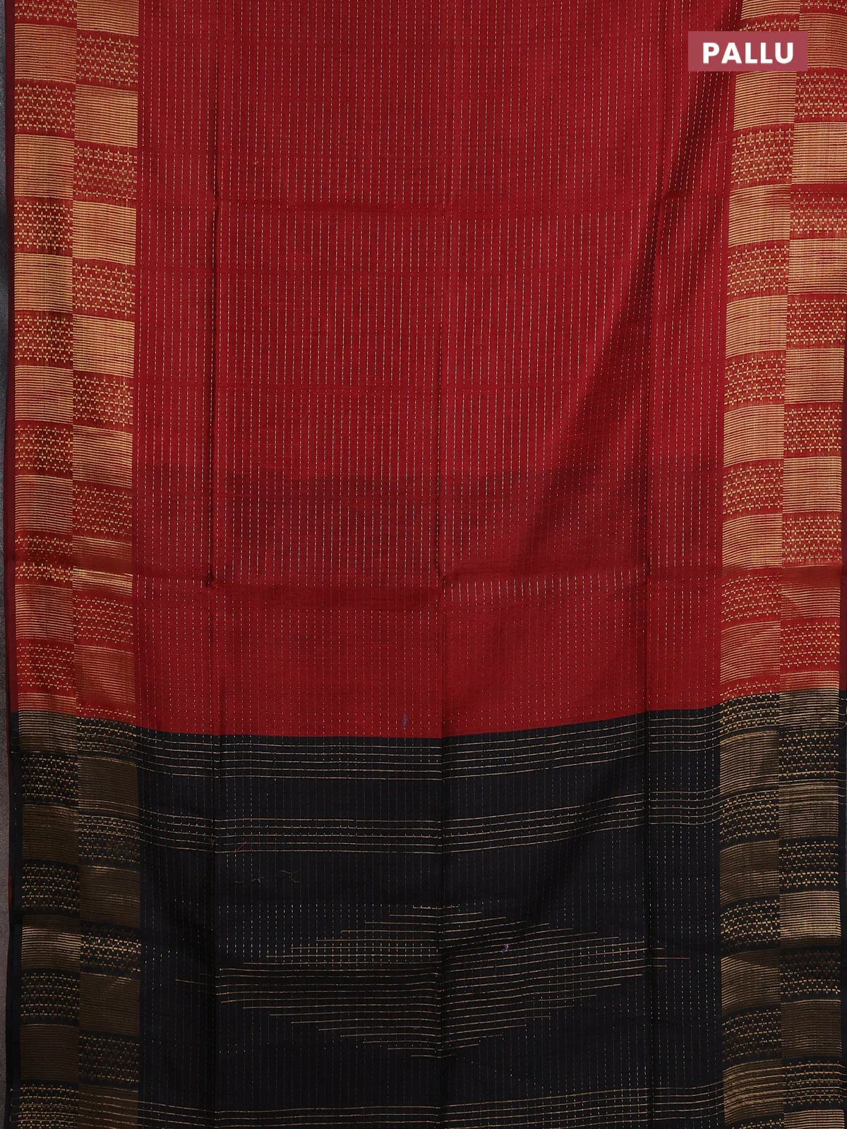Semi dupion saree maroon and black with allover zari stripes pattern and zari woven border - Image 3