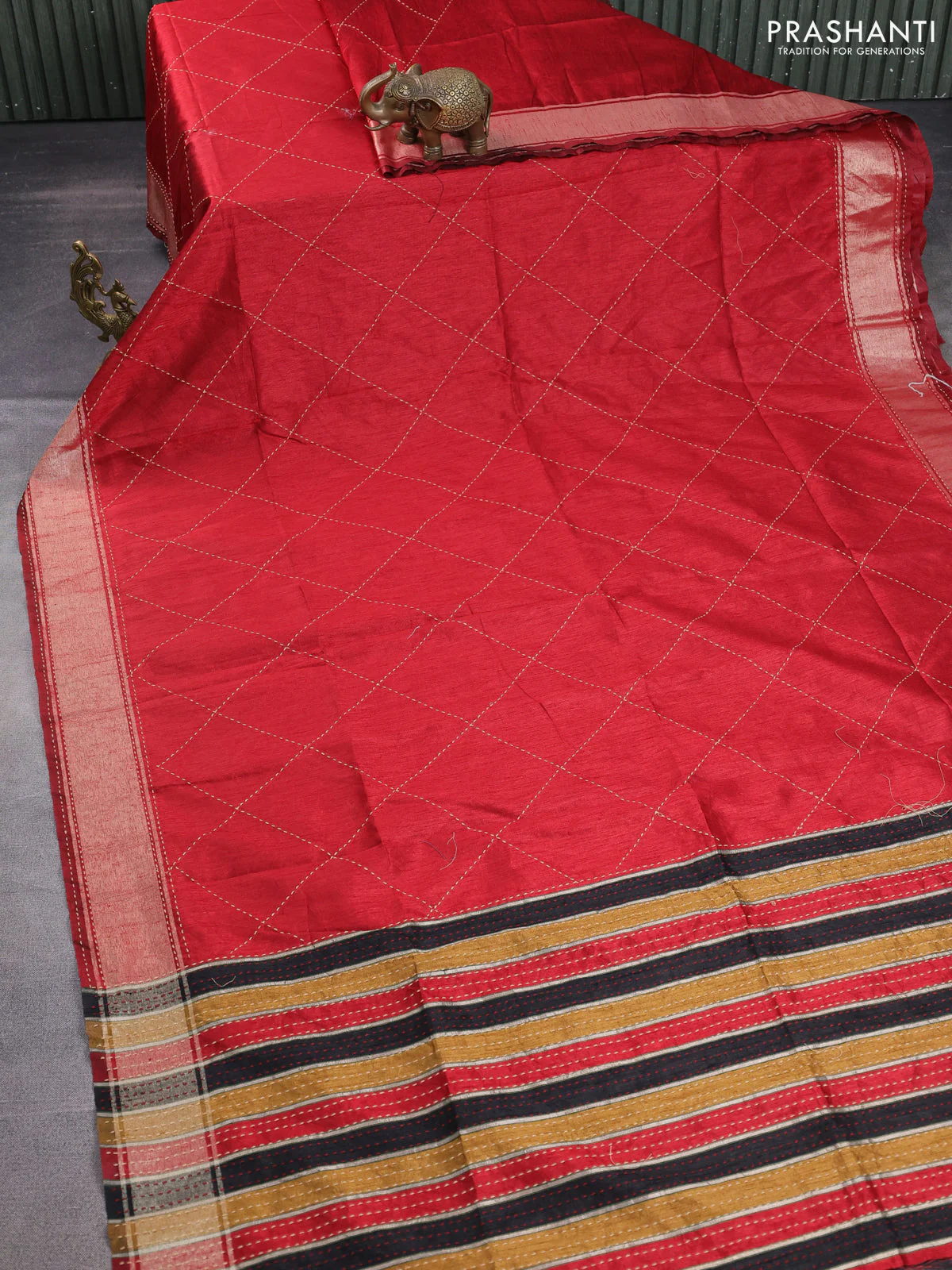 Semi dupion saree maroon and multi colour with allover kantha stitch work and zari woven border - Image 2