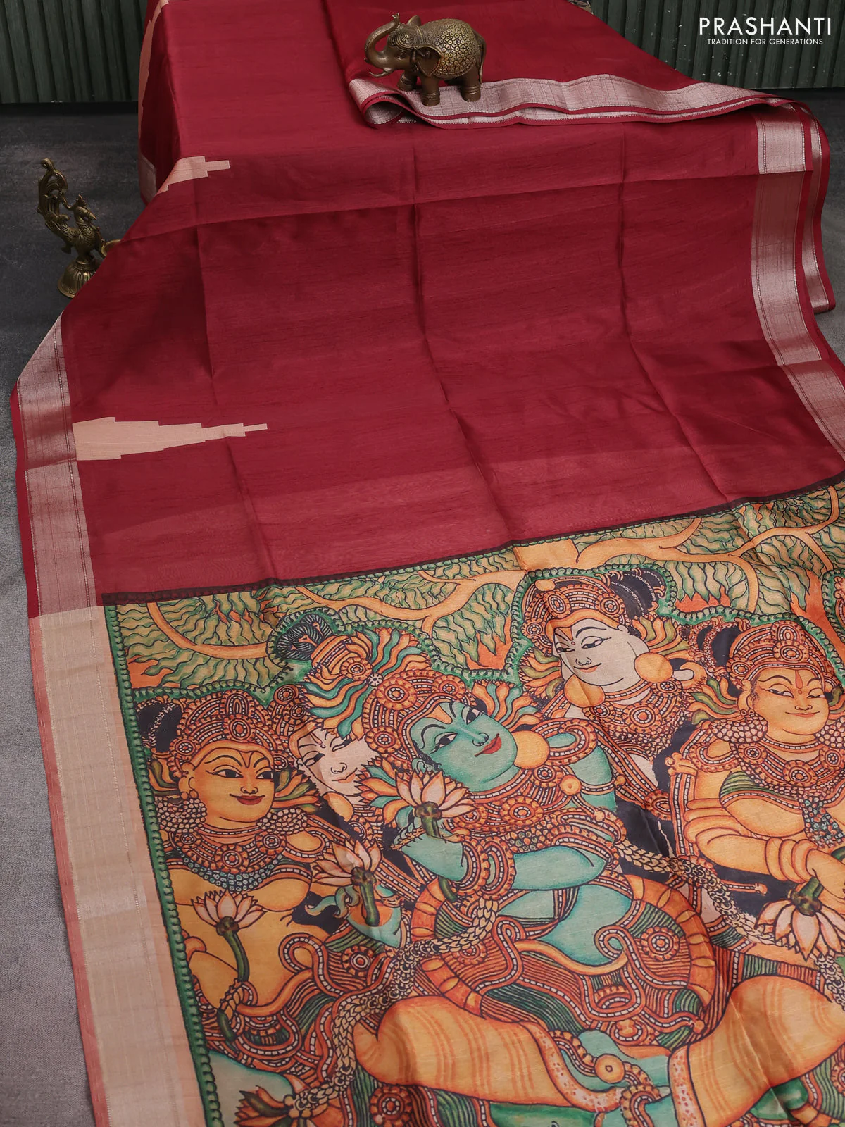 Semi dupion saree maroon with plain body and mural printed pallu