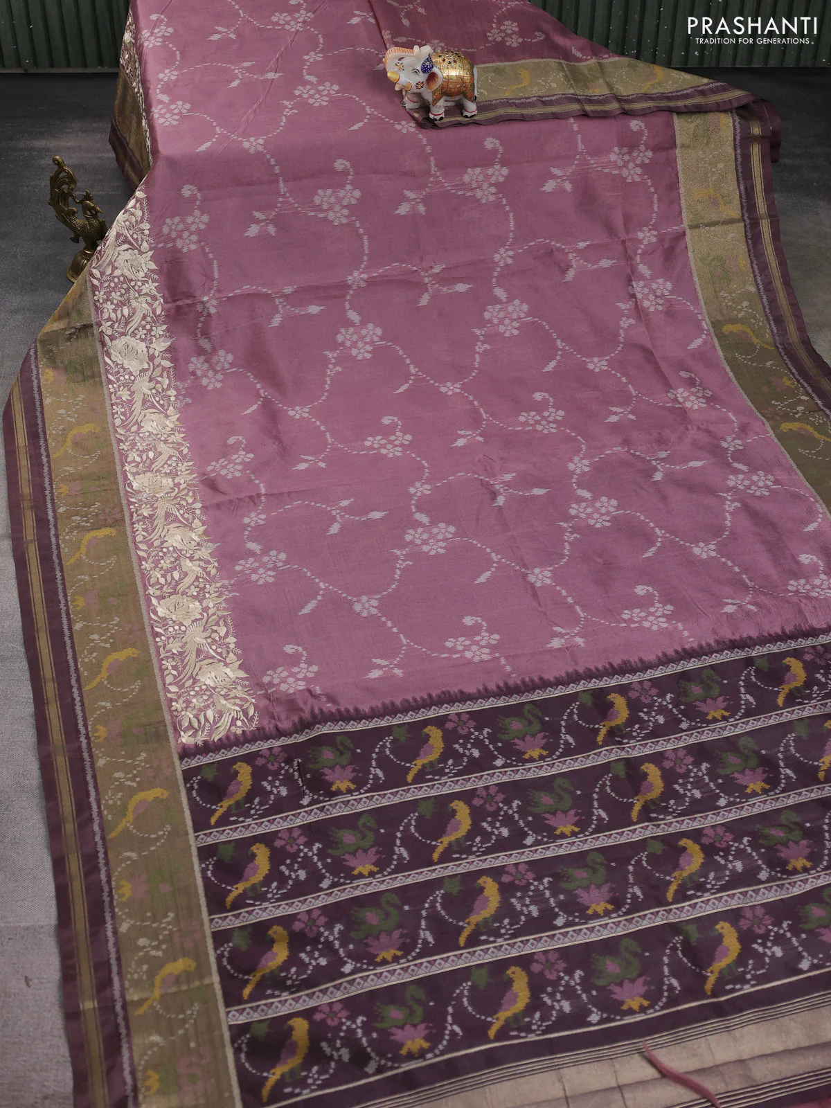 Semi dupion saree mauve pink and rosy brown with allover thread weaves and parsi embroidery work zari woven border - Image 2