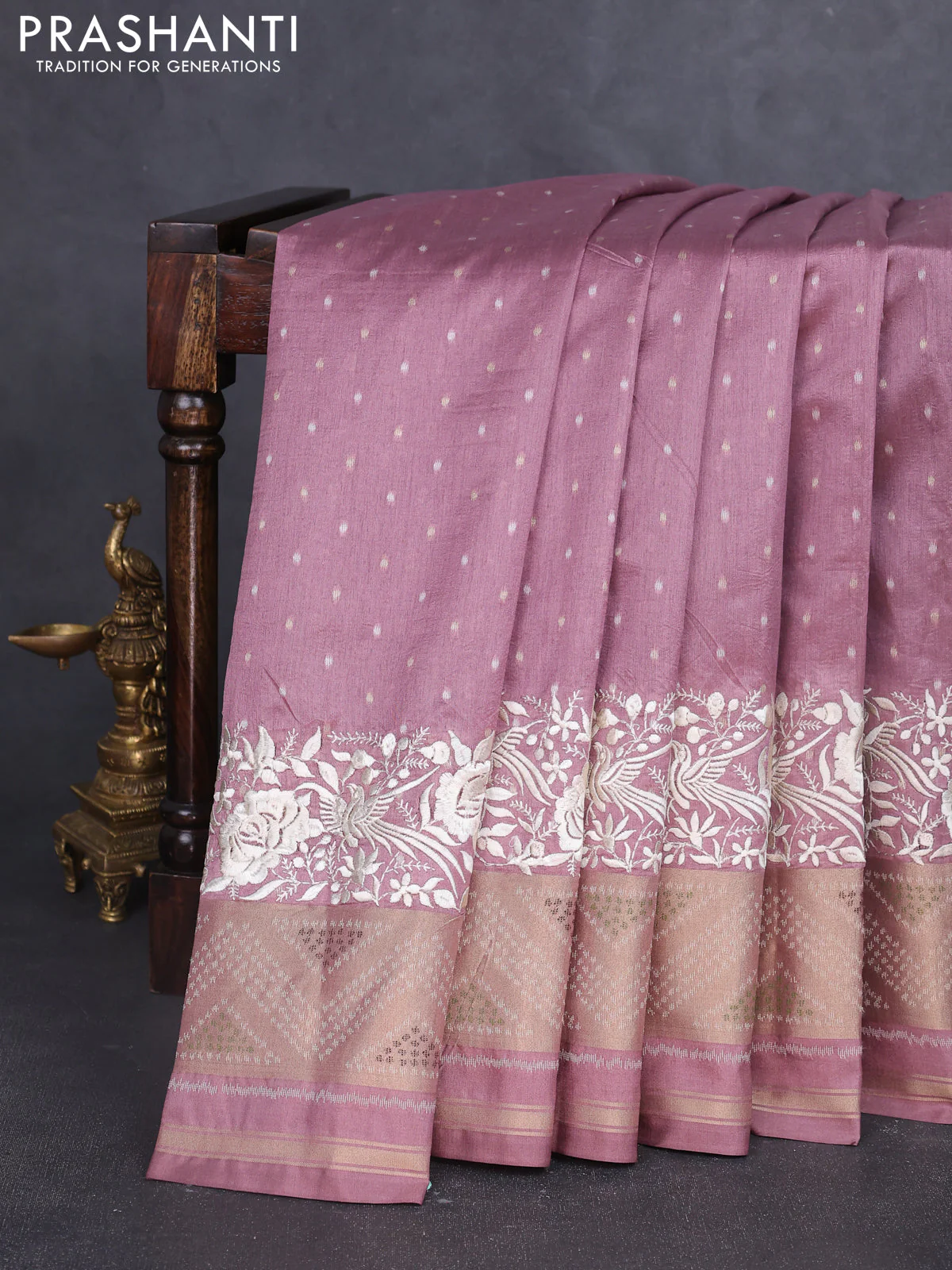 Semi dupion saree mauve pink and rosy brown with allover thread & zari woven buttas and parsi embroidery work zari woven border