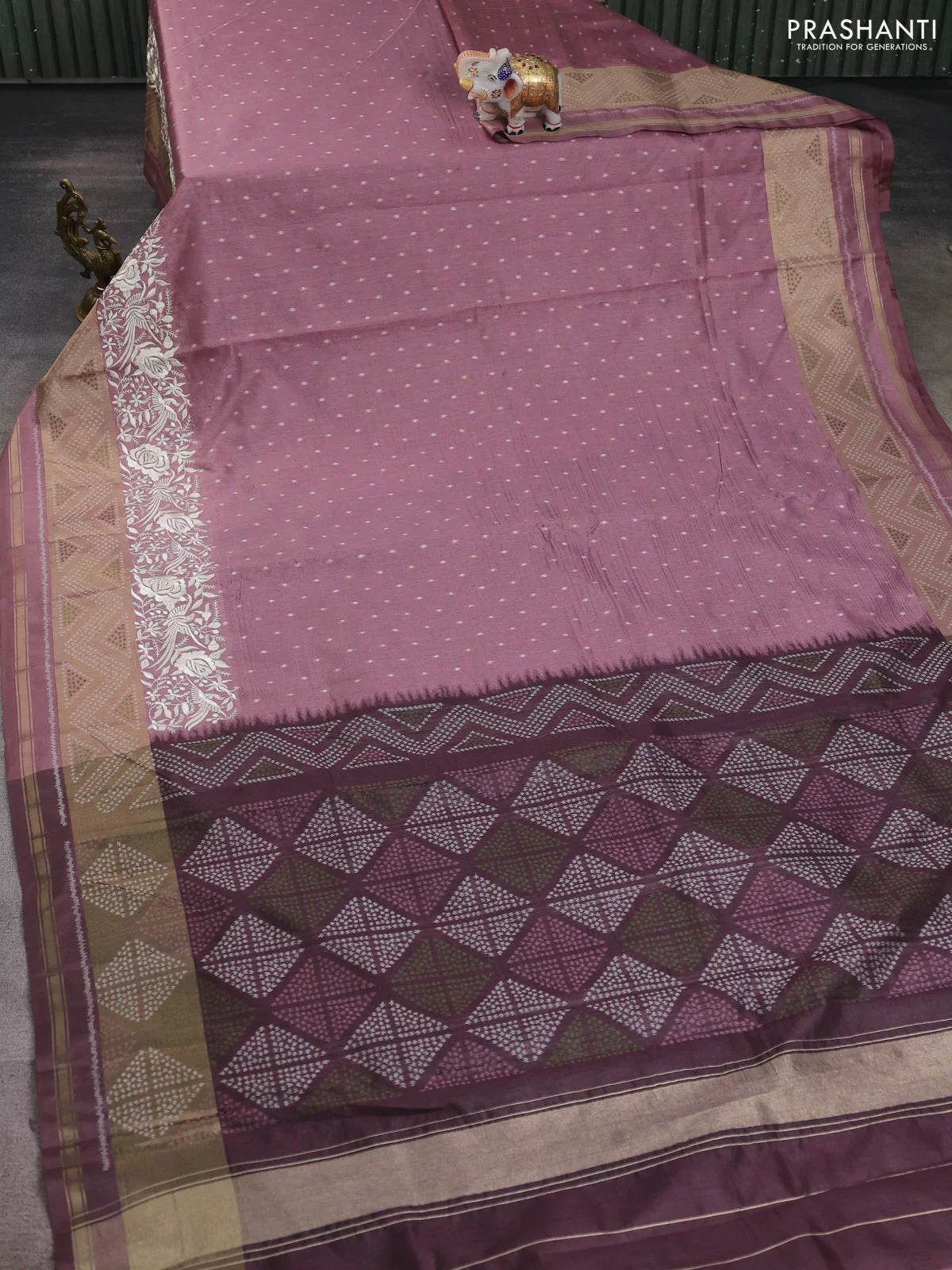 Semi dupion saree mauve pink and rosy brown with allover thread & zari woven buttas and parsi embroidery work zari woven border - Image 2
