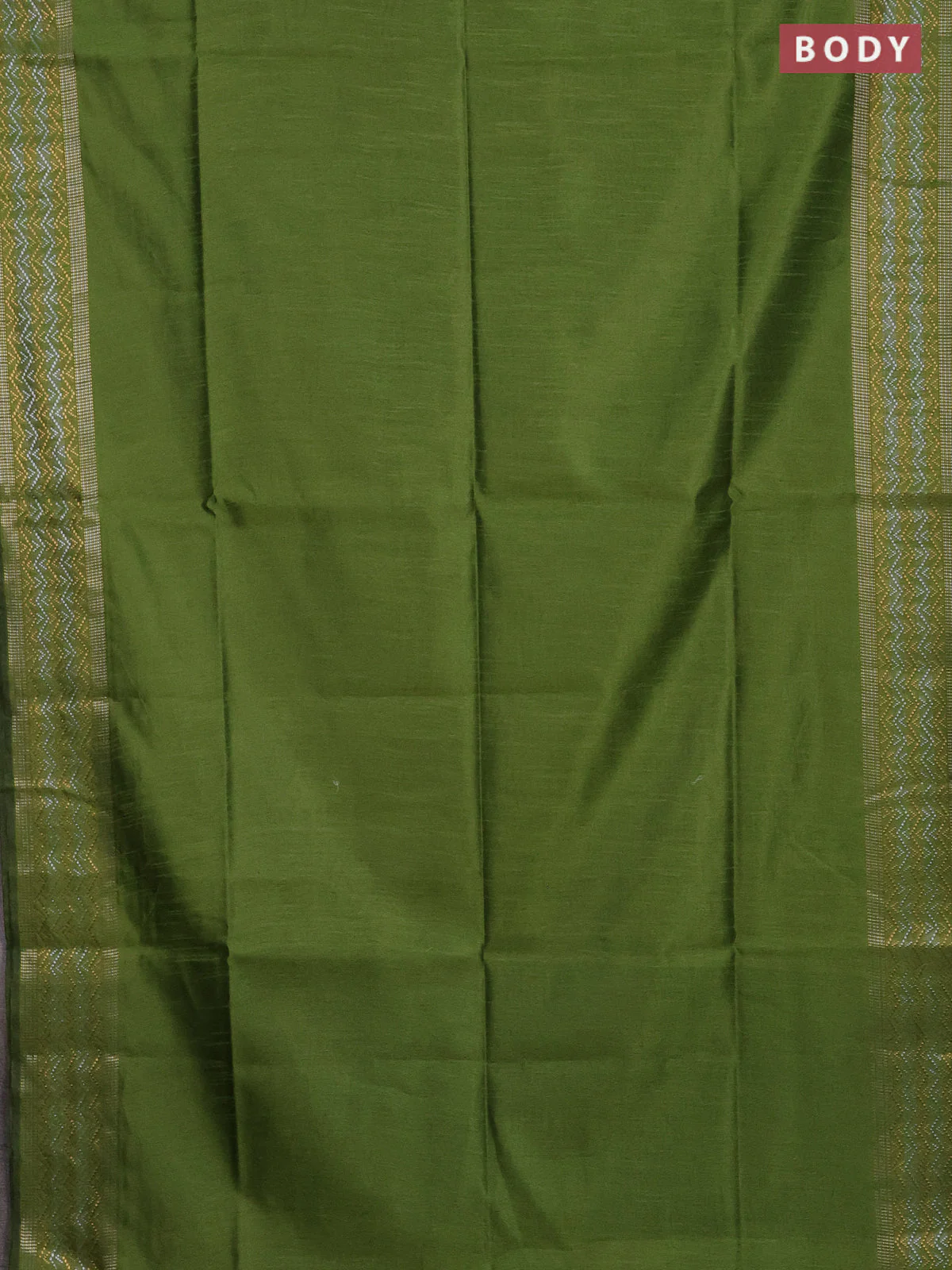 Semi dupion saree mehendi green with plain body and silver & gold zari woven border - Image 2