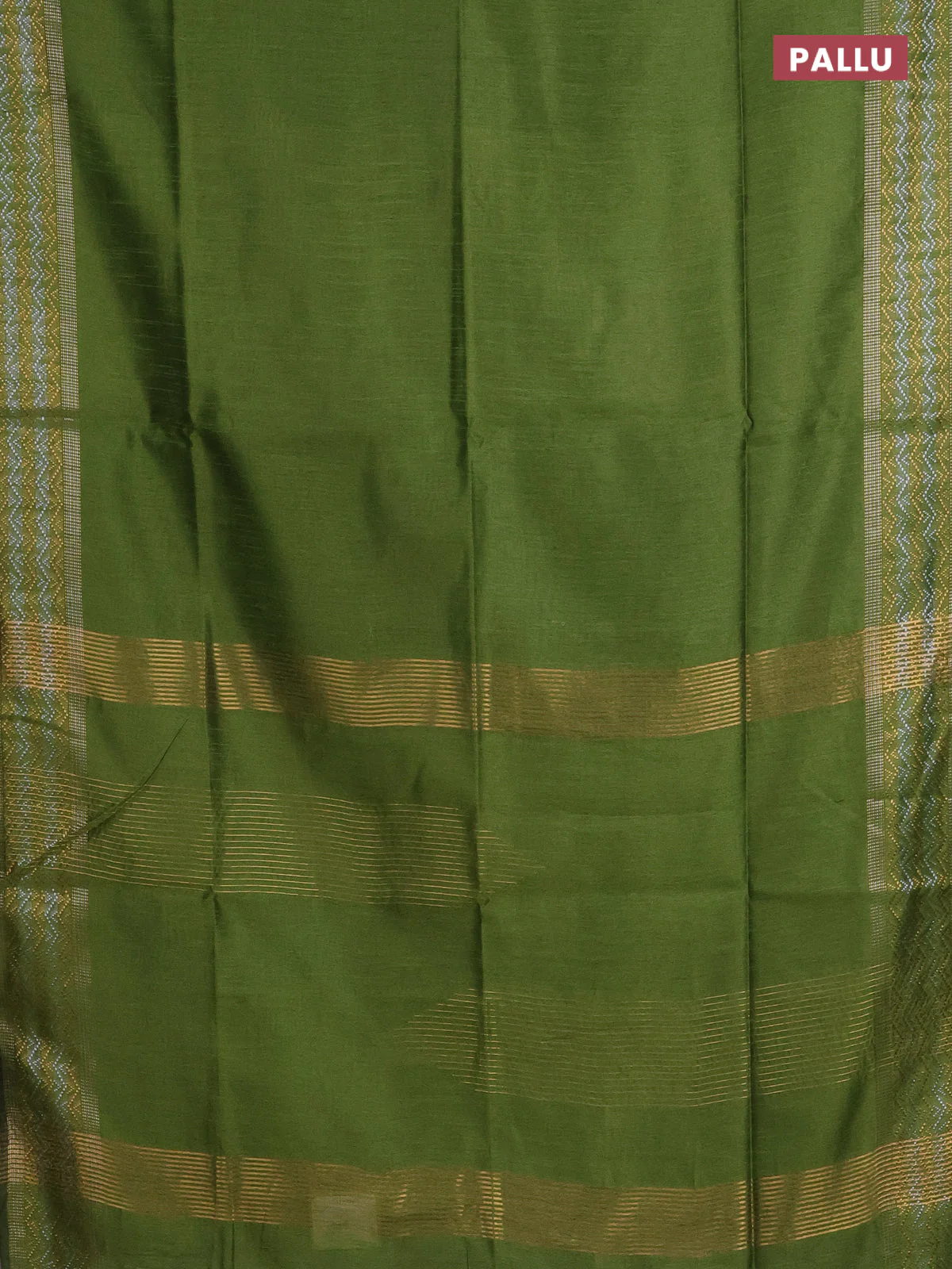 Semi dupion saree mehendi green with plain body and silver & gold zari woven border - Image 3