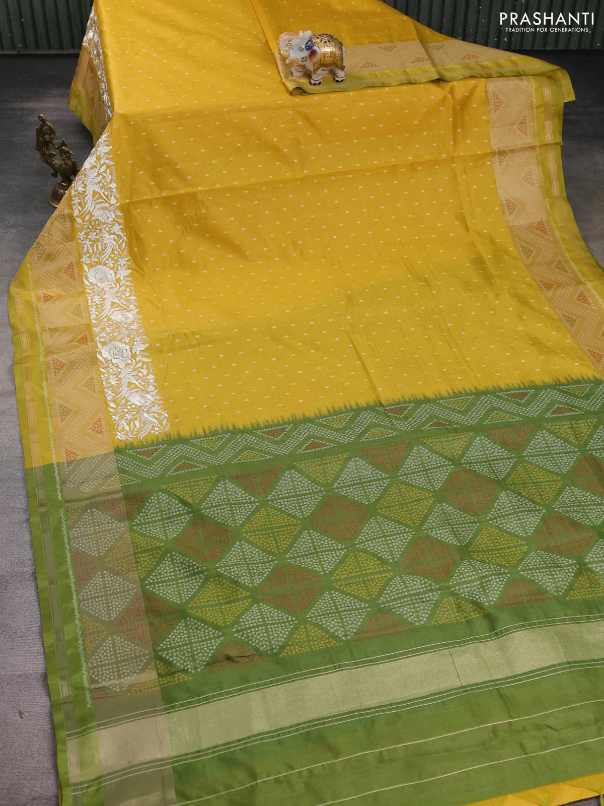 Semi dupion saree mustard yellow and green with allover thread & zari woven buttas and parsi embroidery work zari woven border - Image 2