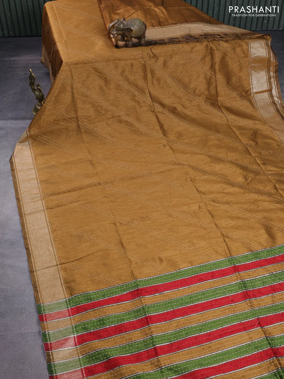 Semi dupion saree mustard yellow and multi colour with allover kantha stitch work and zari woven border - Image 2
