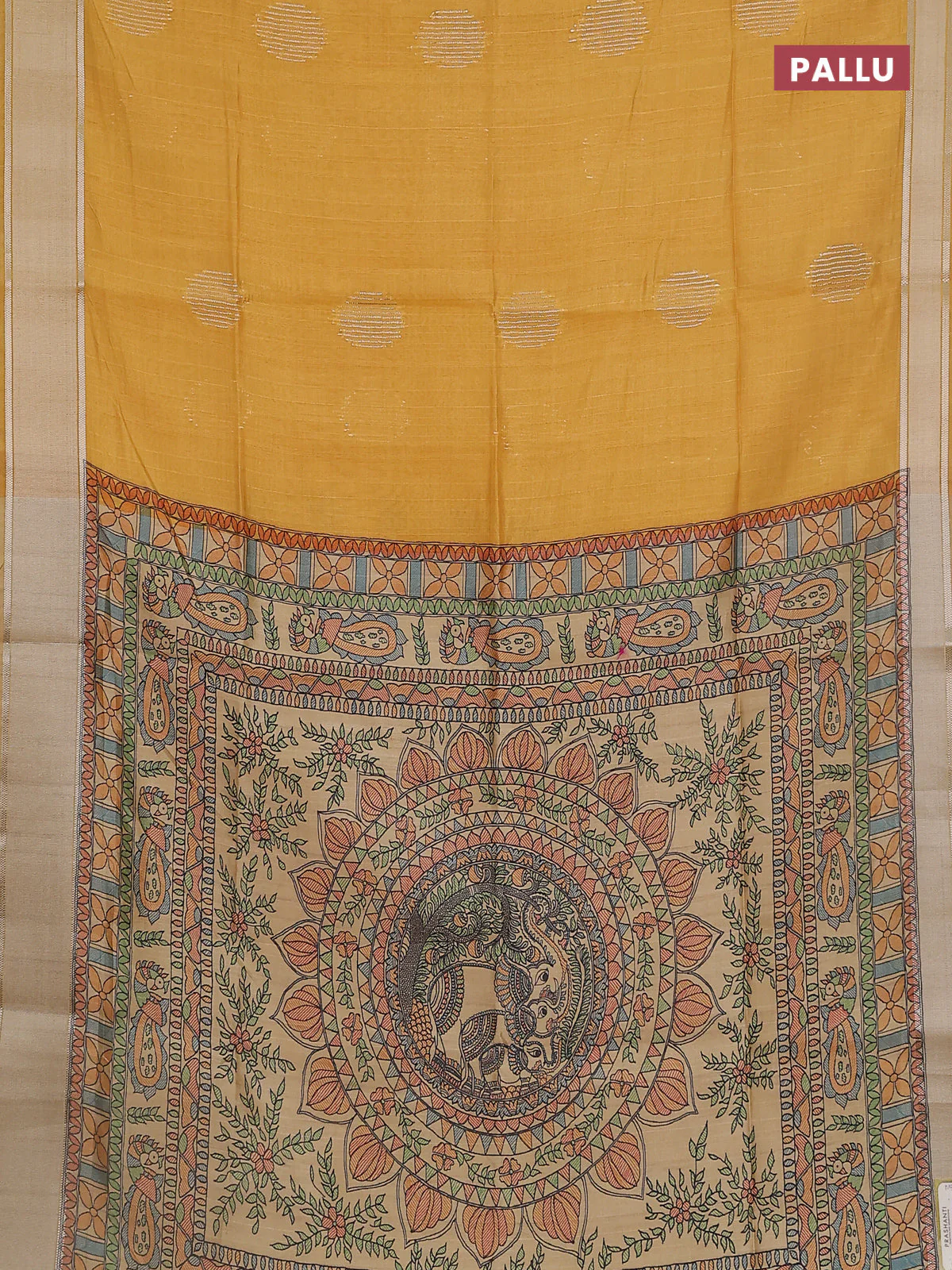 Semi dupion saree mustard yellow with zari woven buttas and madhubani printed pallu & blouse - Image 3