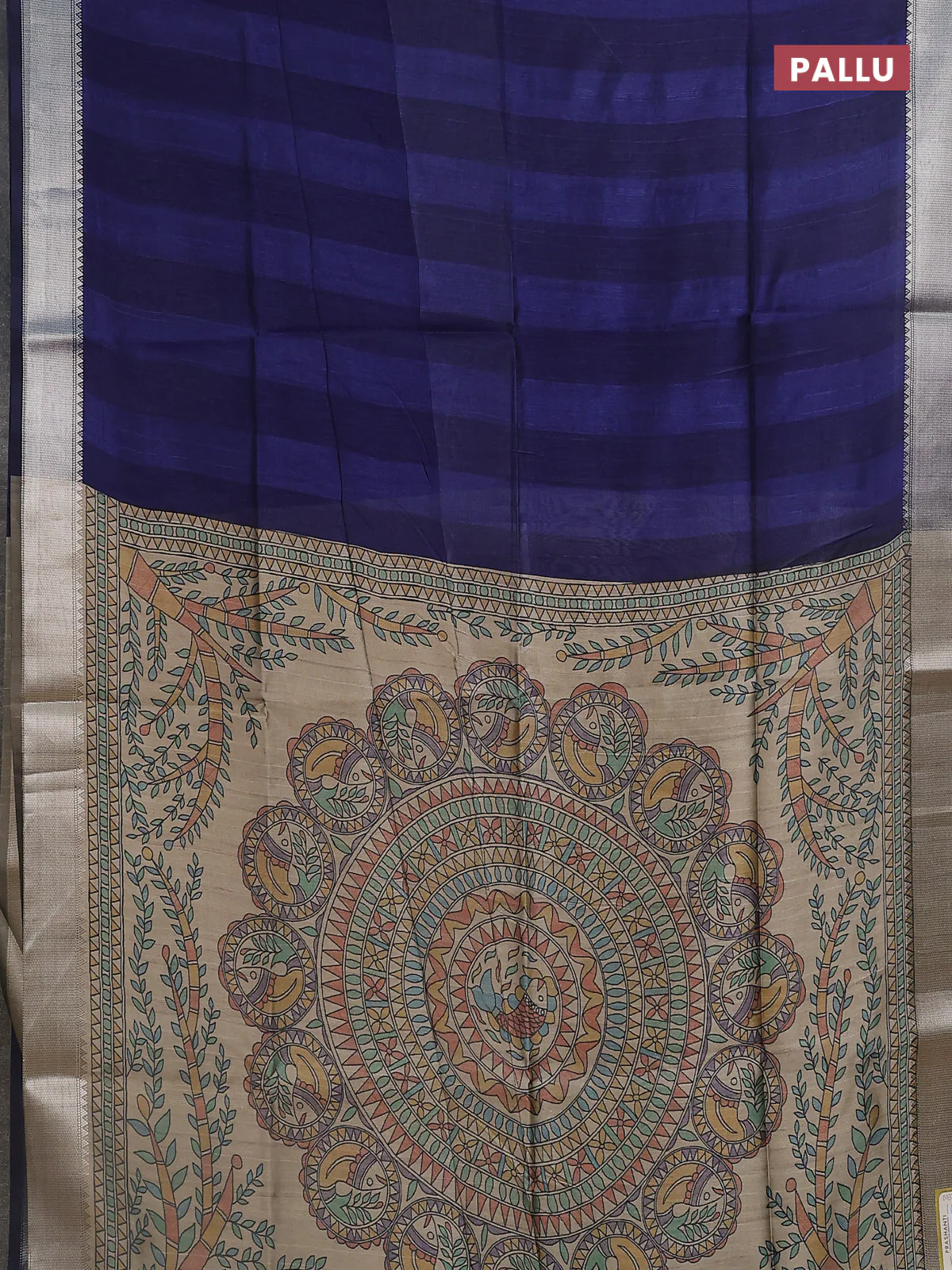 Semi dupion saree navy blue and beige with plain body and madhubani printed pallu & blouse - Image 3