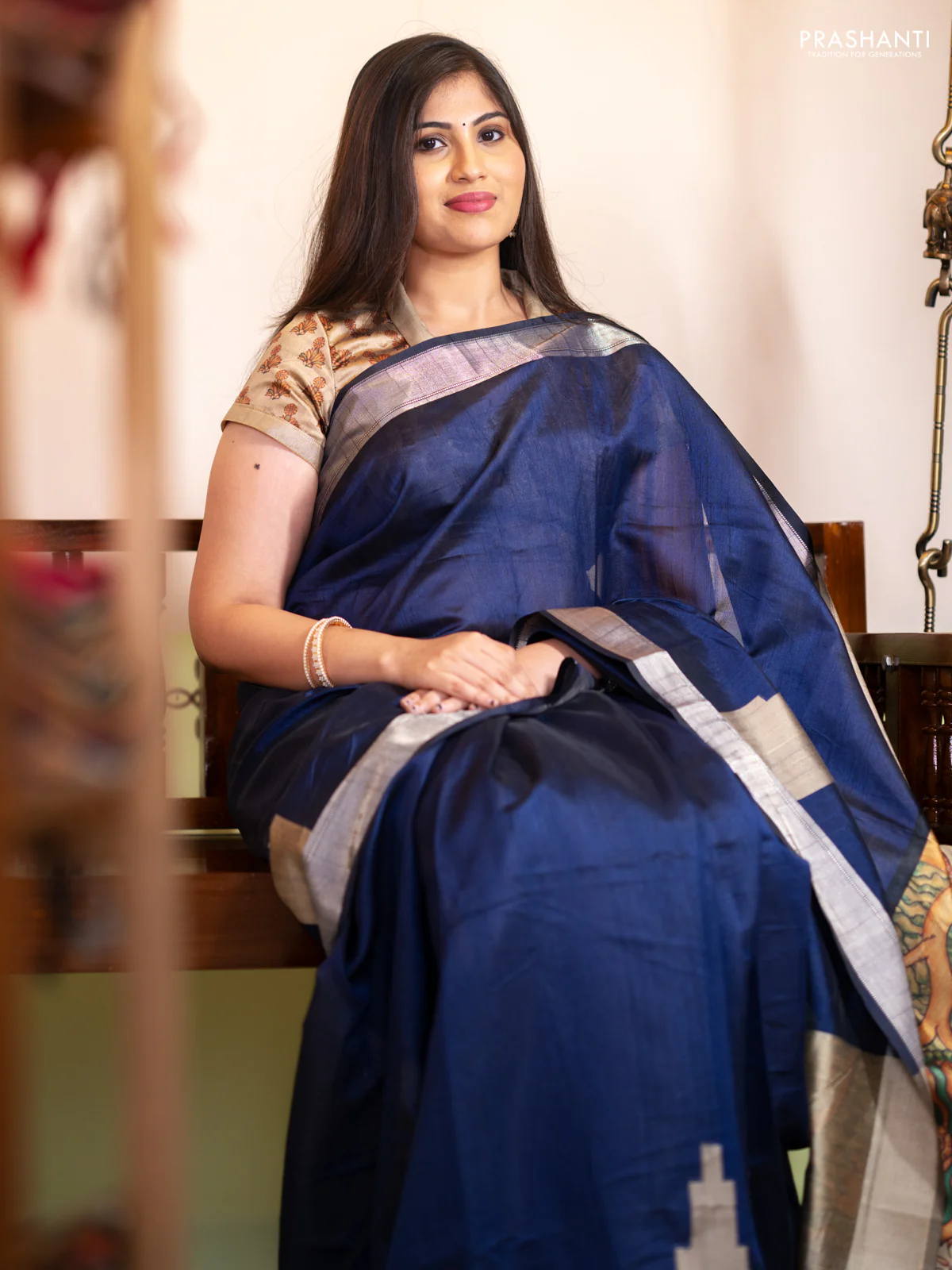 Semi dupion saree navy blue and beige with plain body and mural printed pallu - Image 2