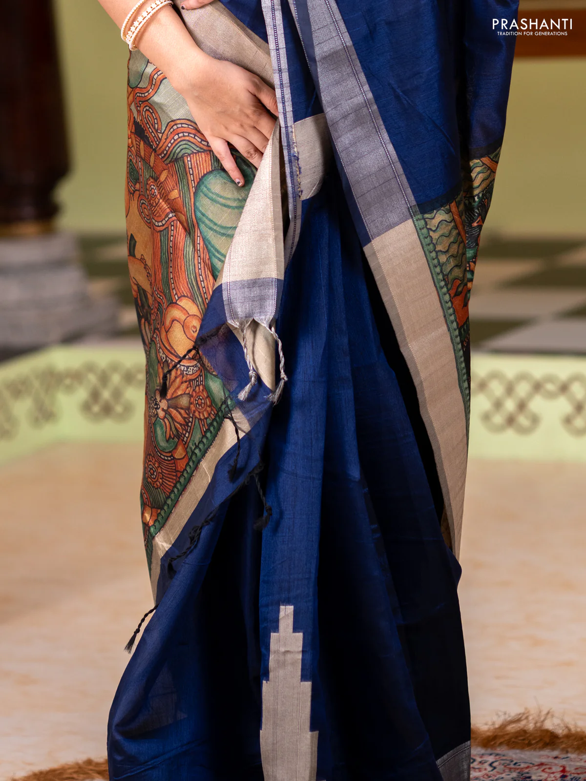 Semi dupion saree navy blue and beige with plain body and mural printed pallu - Image 3