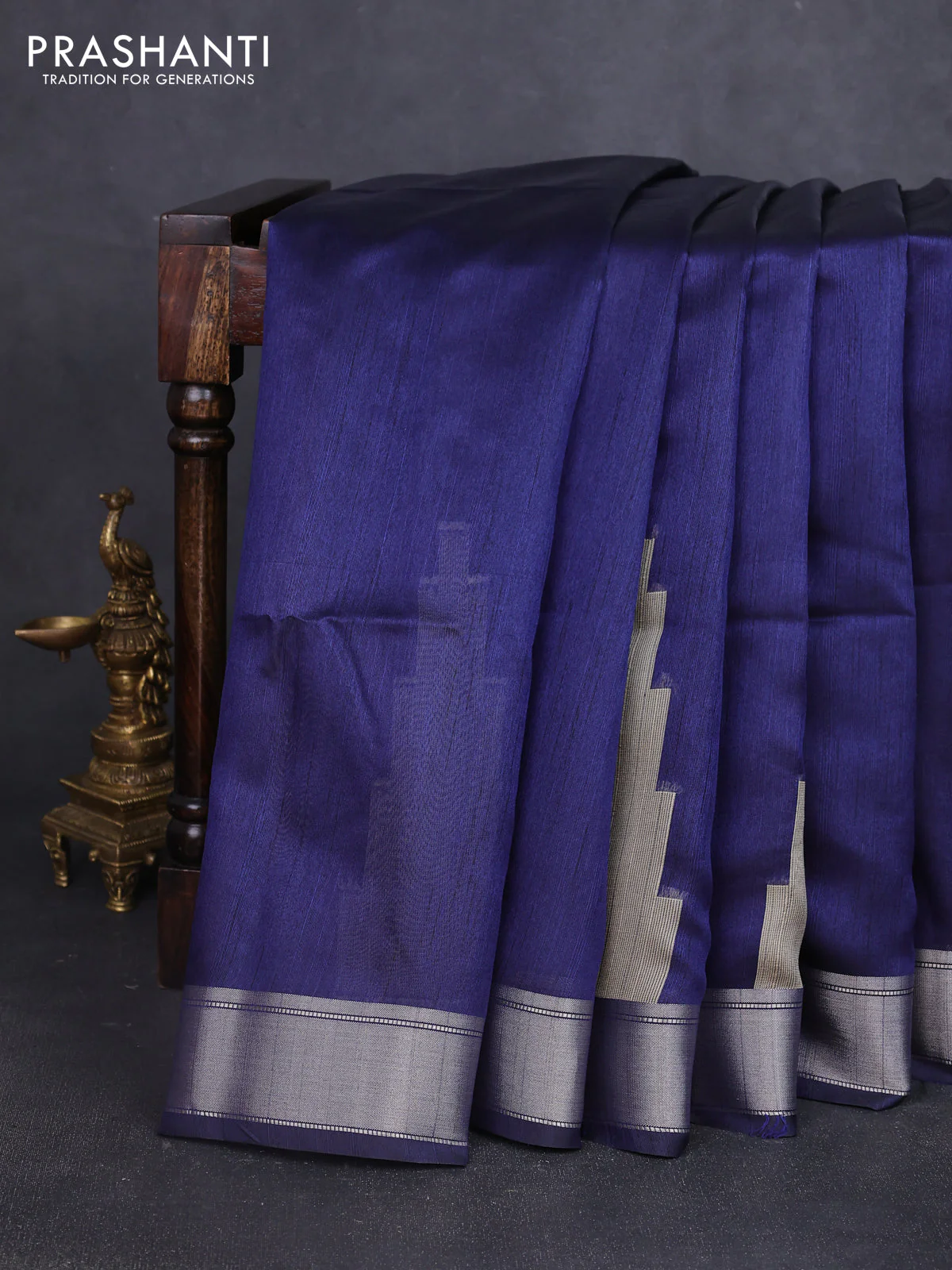 Semi dupion saree navy blue and beige with plain body and mural printed pallu - Image 5