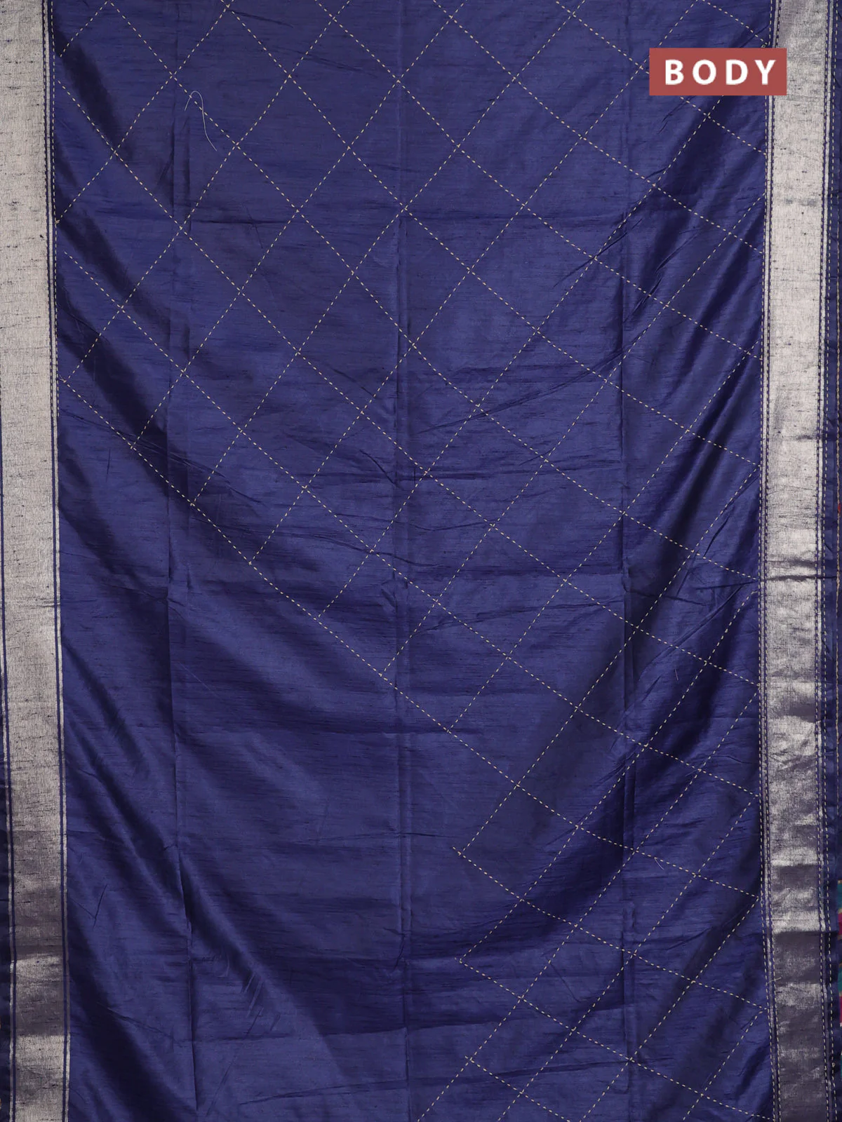 Semi dupion saree navy blue and multi colour with allover kantha stitch work and zari woven border - Image 2