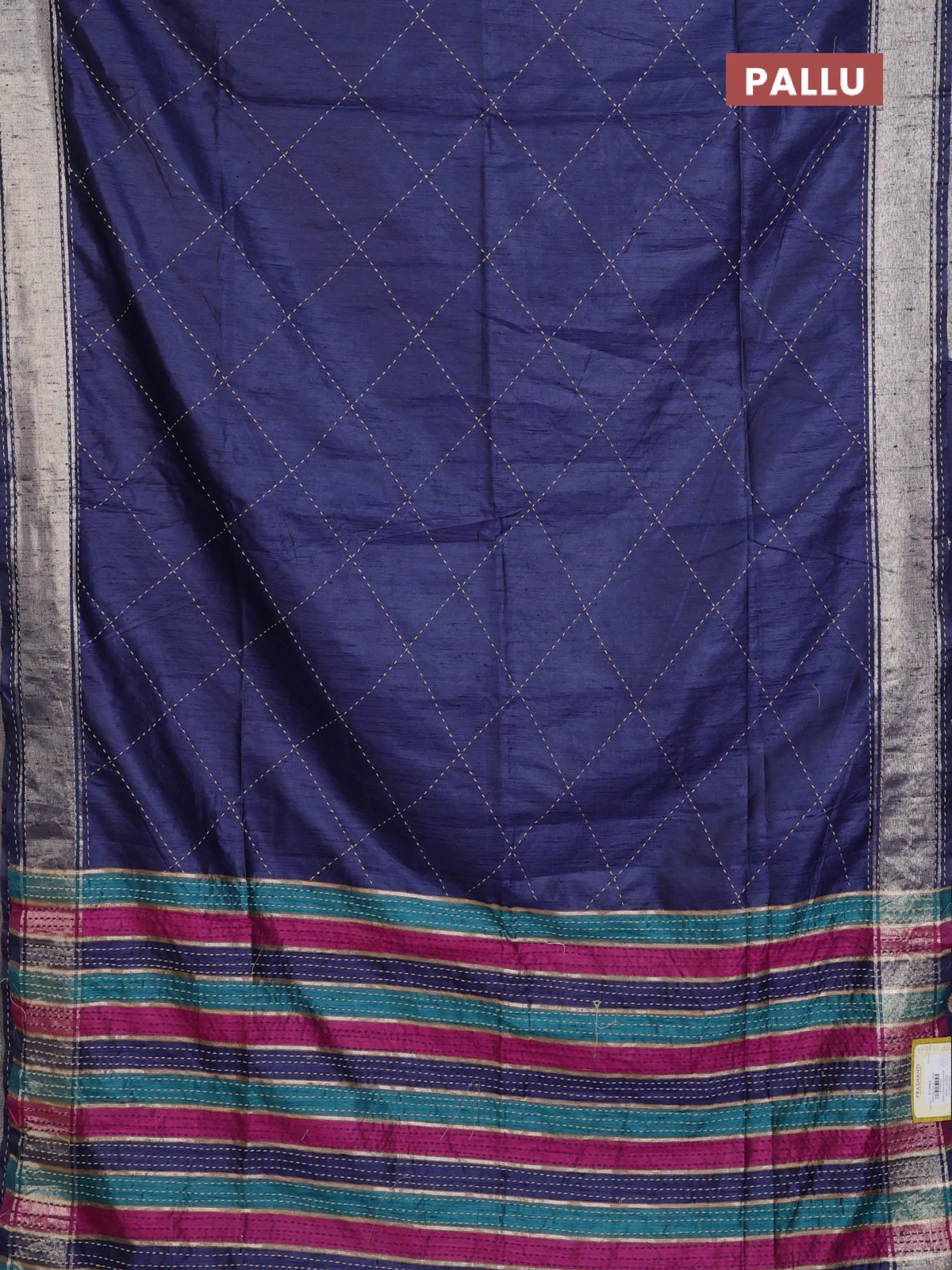 Semi dupion saree navy blue and multi colour with allover kantha stitch work and zari woven border - Image 3