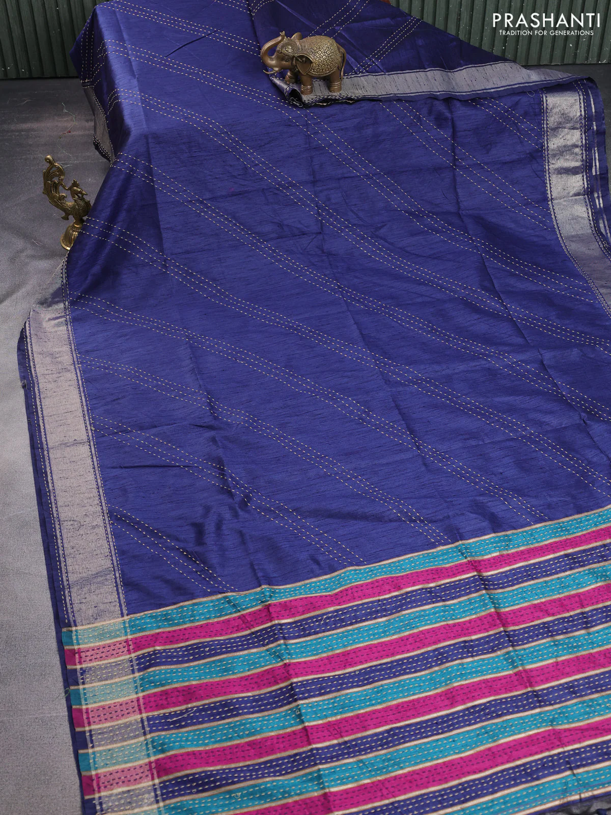 Semi dupion saree navy blue and multi colour with allover kantha stitch work and zari woven border - Image 2