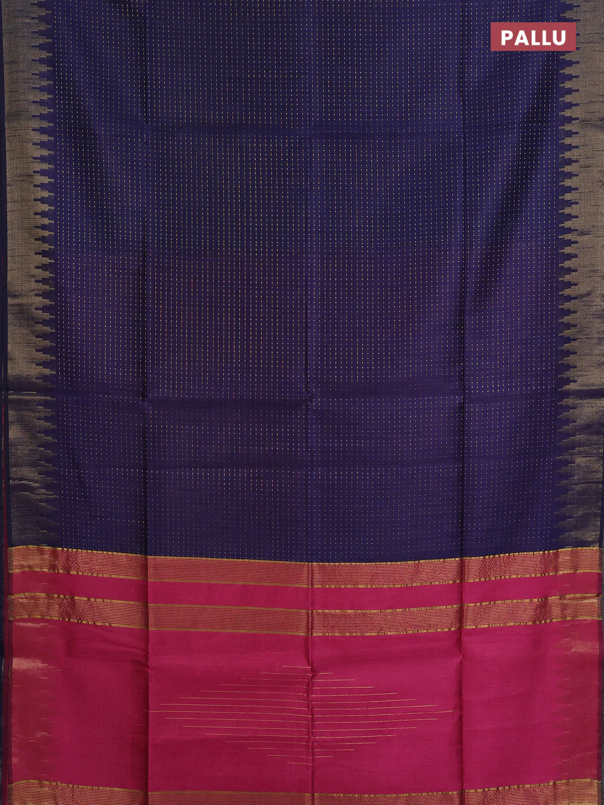 Semi dupion saree navy blue and pink with allover zari weaves and temple zari woven border - Image 3