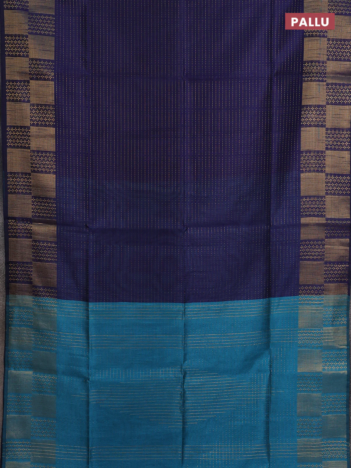 Semi dupion saree navy blue and teal green with allover zari stripes pattern and zari woven border - Image 3