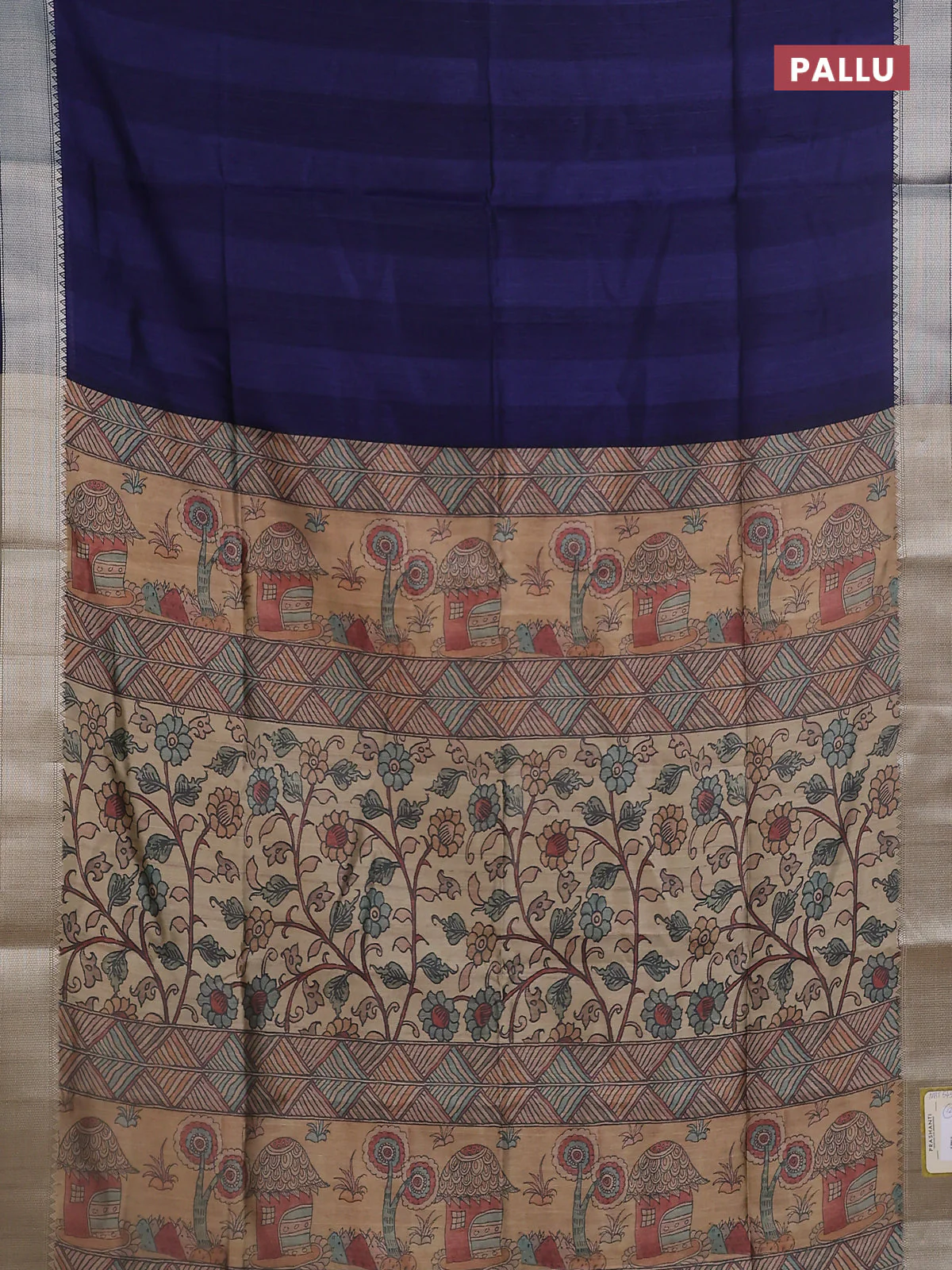 Semi dupion saree navy blue with plain body and madhubani printed pallu & blouse - Image 3