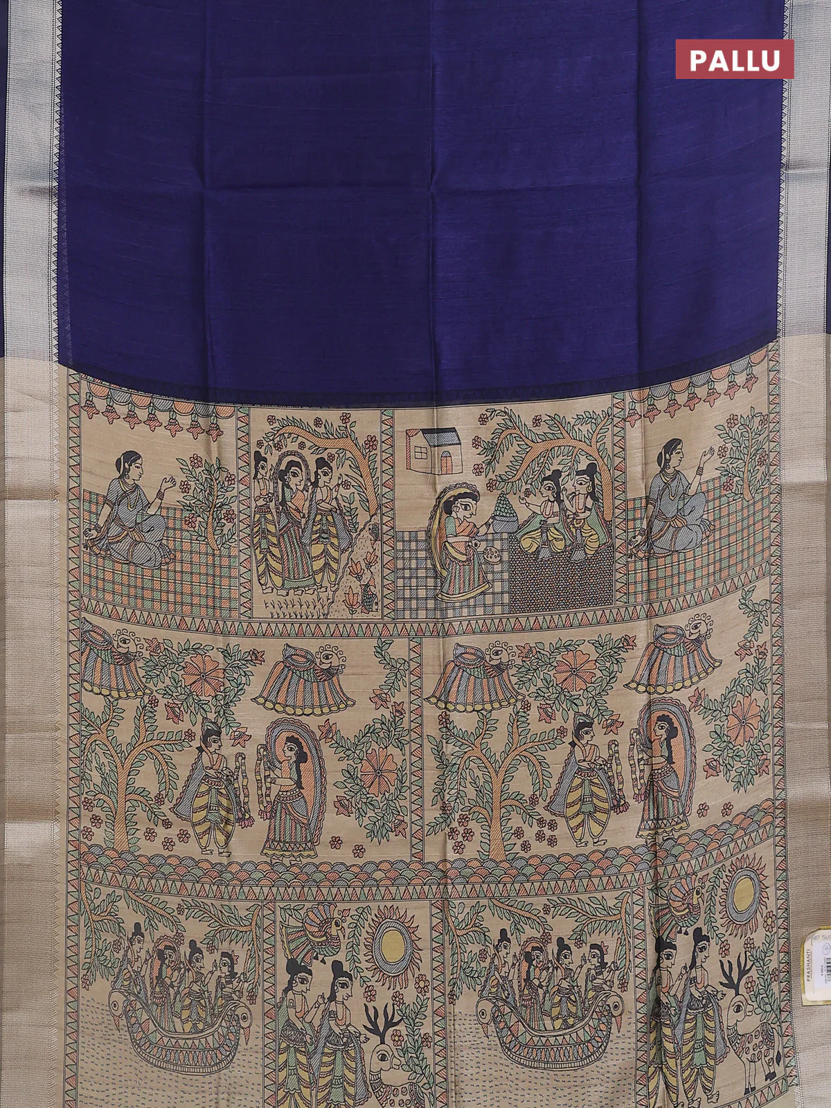 Semi dupion saree navy blue with plain body and madhubani printed pallu & blouse - Image 3