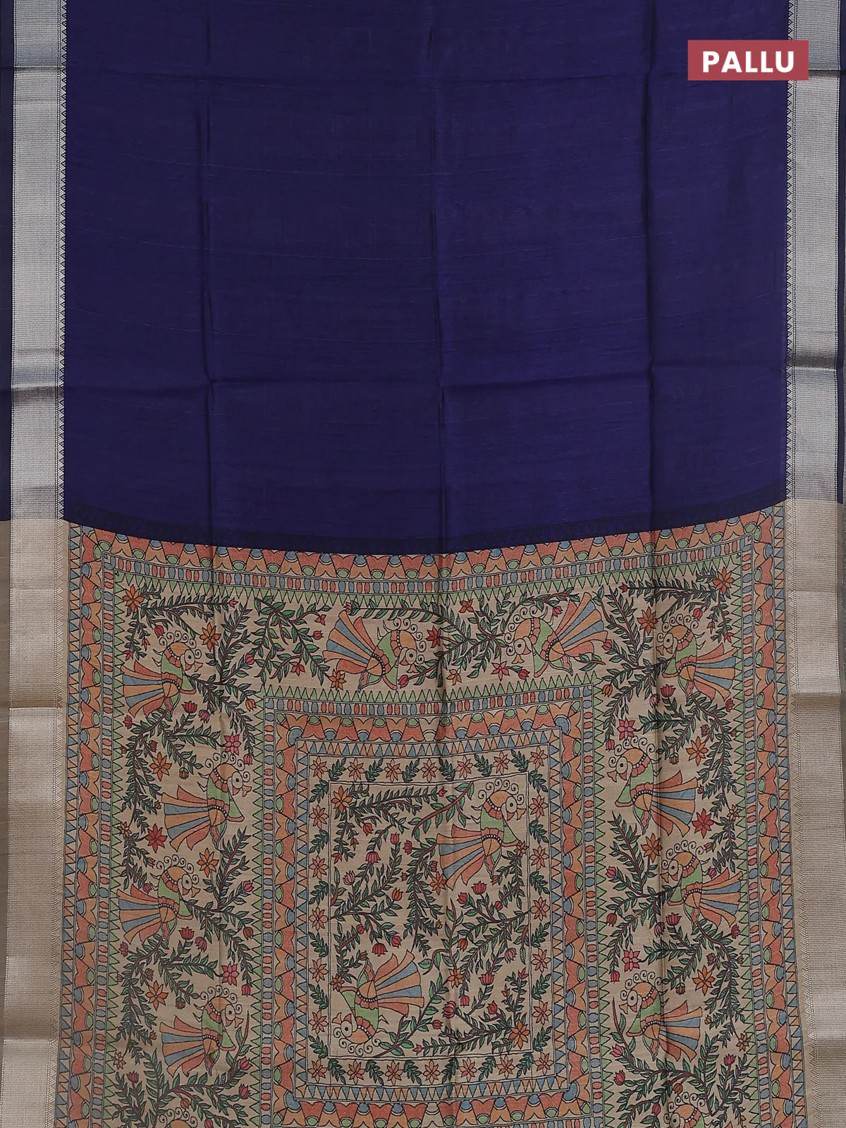 Semi dupion saree navy blue with plain body and madhubani printed pallu & blouse - Image 3