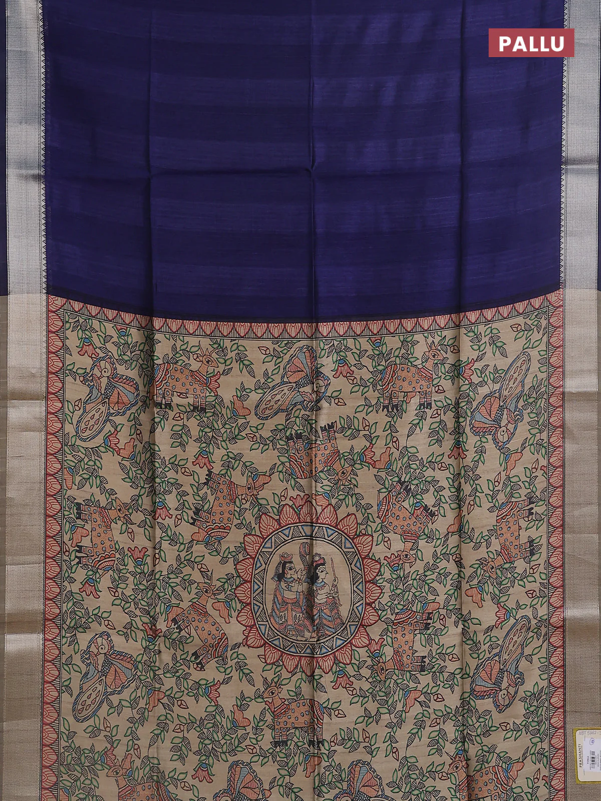 Semi dupion saree navy blue with plain body and madhubani printed pallu & blouse - Image 3