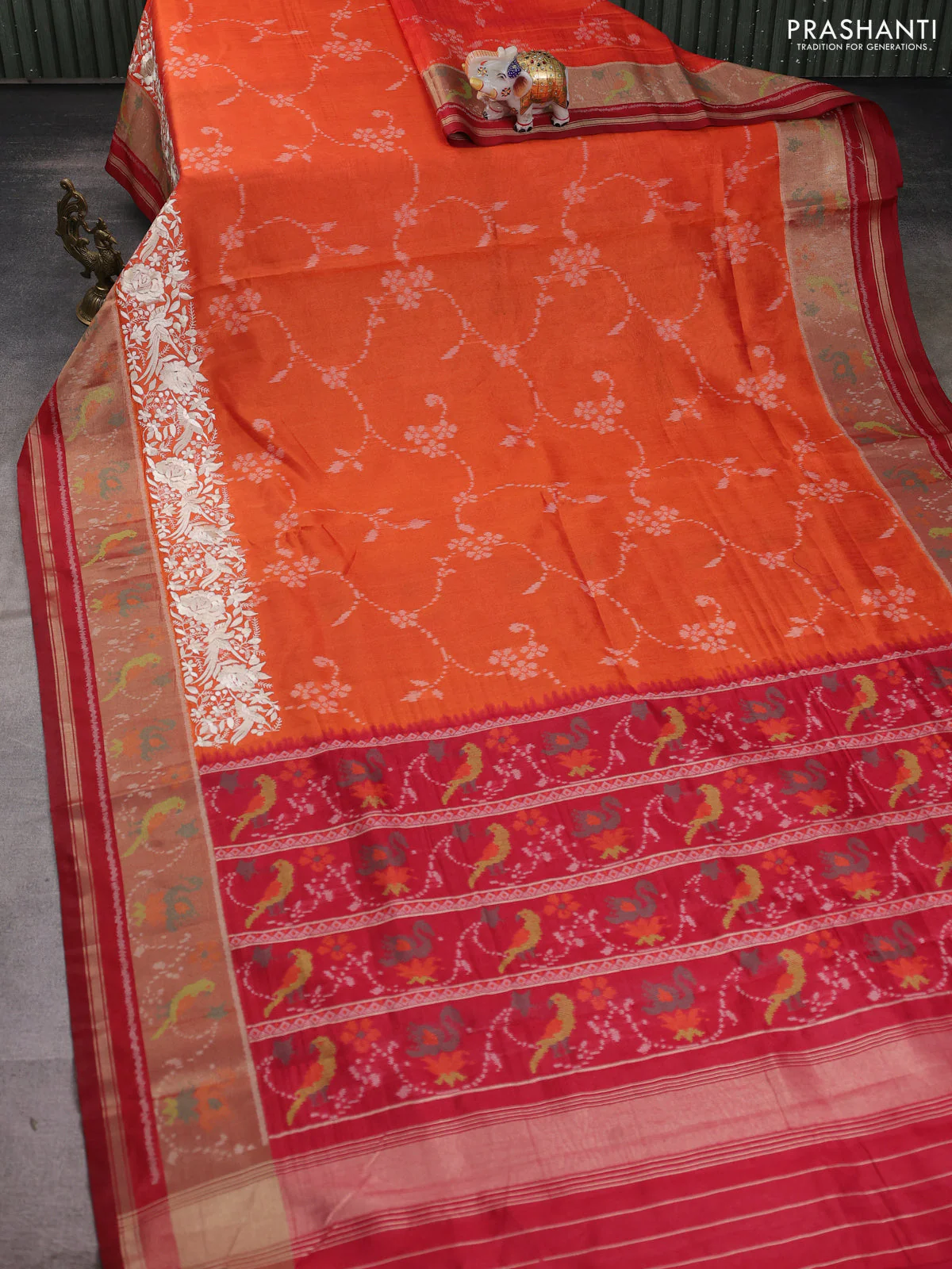 Semi dupion saree orange and maroon with allover thread weaves and parsi embroidery work zari woven border - Image 2