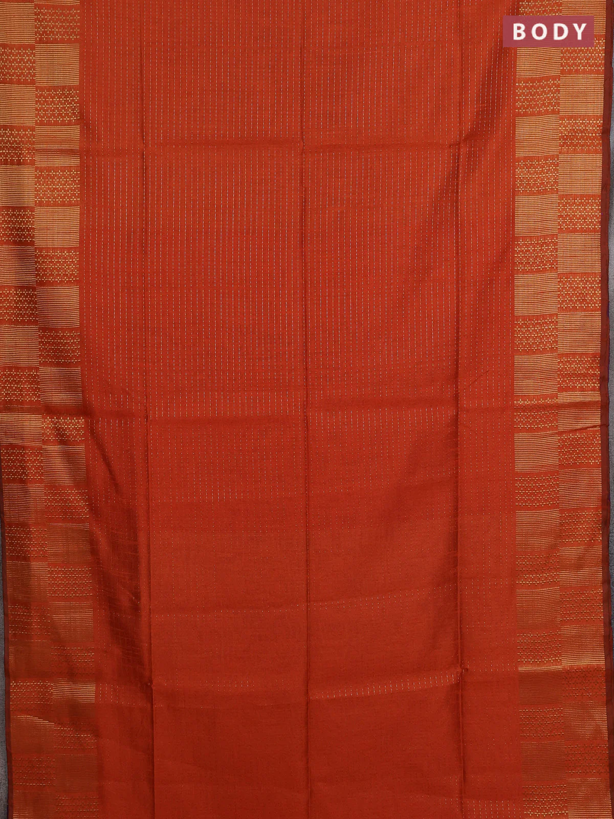 Semi dupion saree orange and purple with allover zari stripes pattern and zari woven border - Image 2