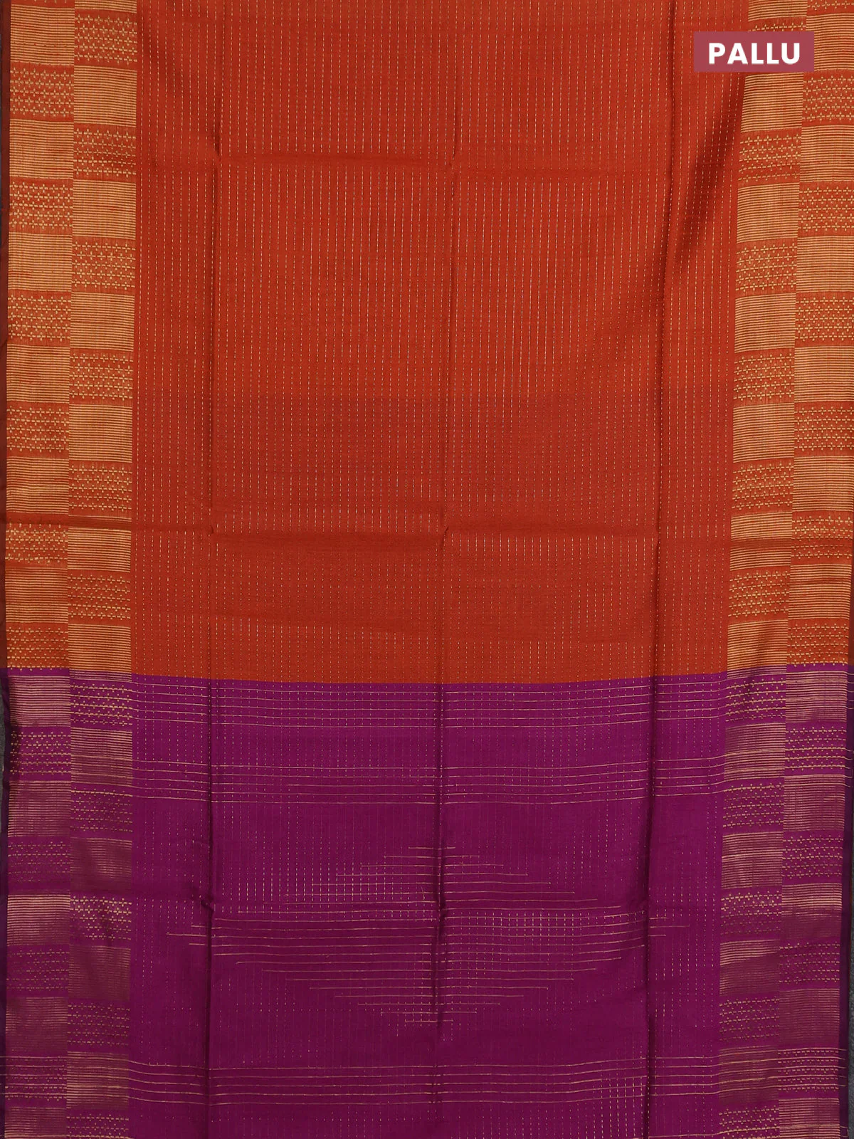 Semi dupion saree orange and purple with allover zari stripes pattern and zari woven border - Image 3