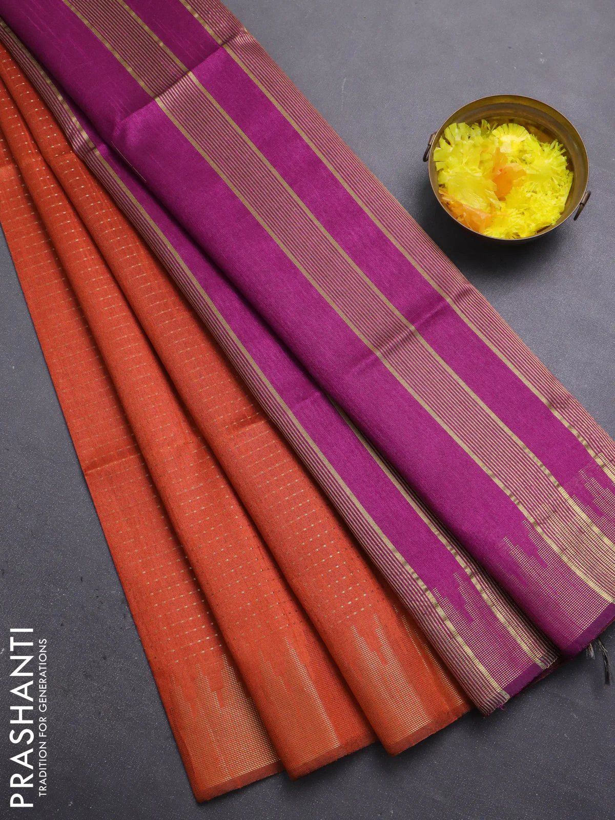 Semi dupion saree orange and purple with allover zari weaves and temple zari woven border