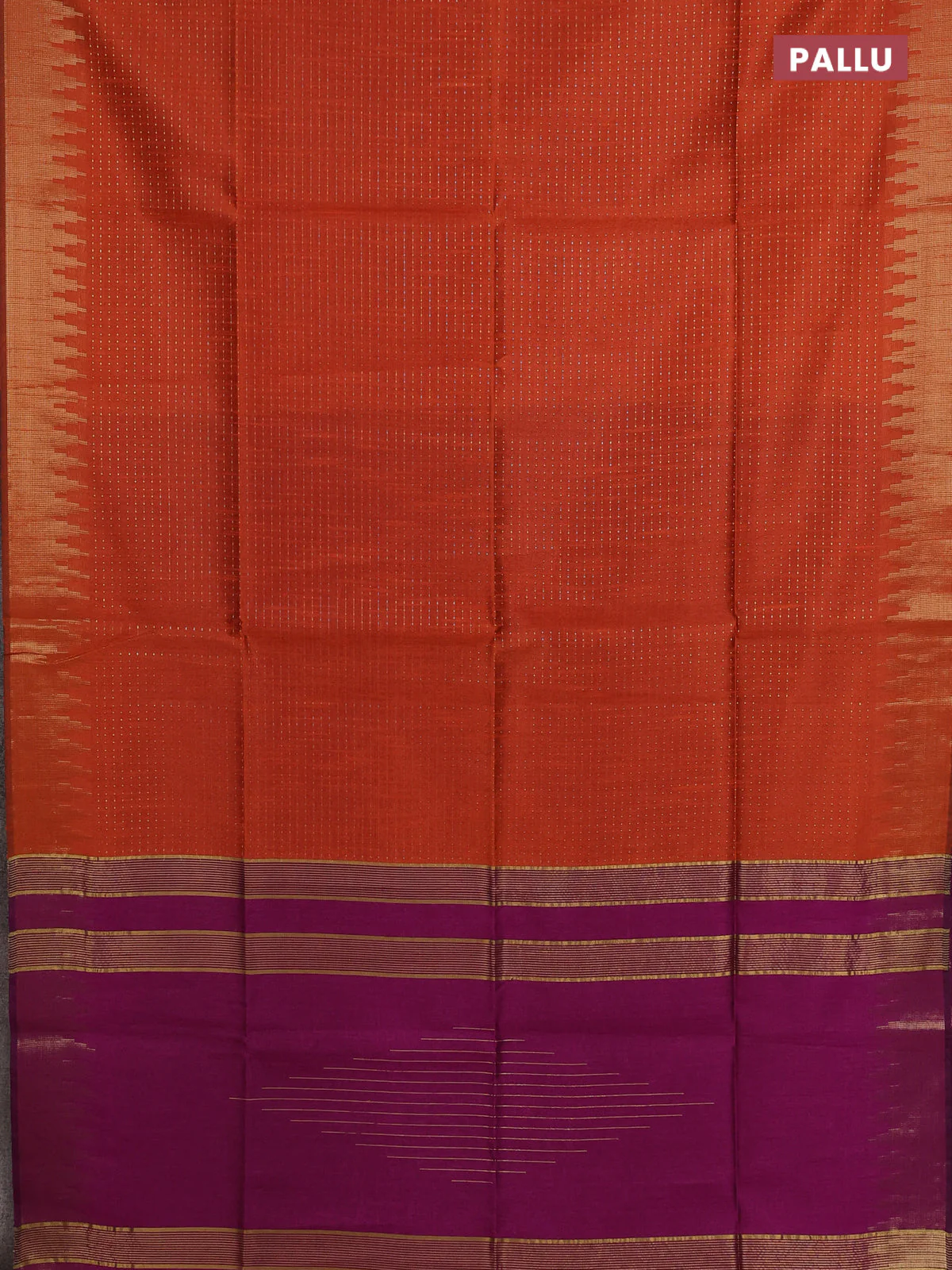 Semi dupion saree orange and purple with allover zari weaves and temple zari woven border - Image 3