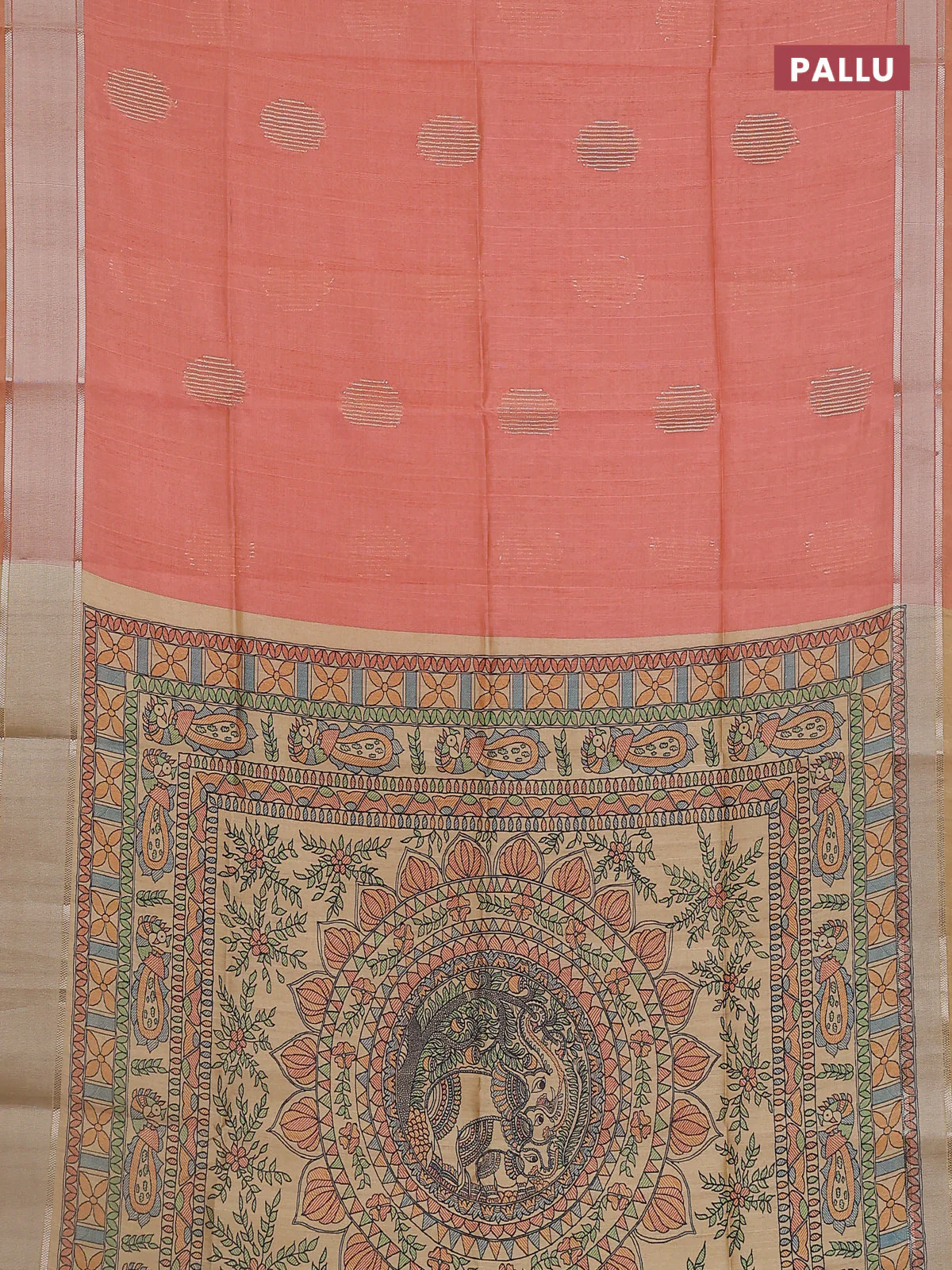 Semi dupion saree pale orange with zari woven buttas and madhubani printed pallu & blouse - Image 3