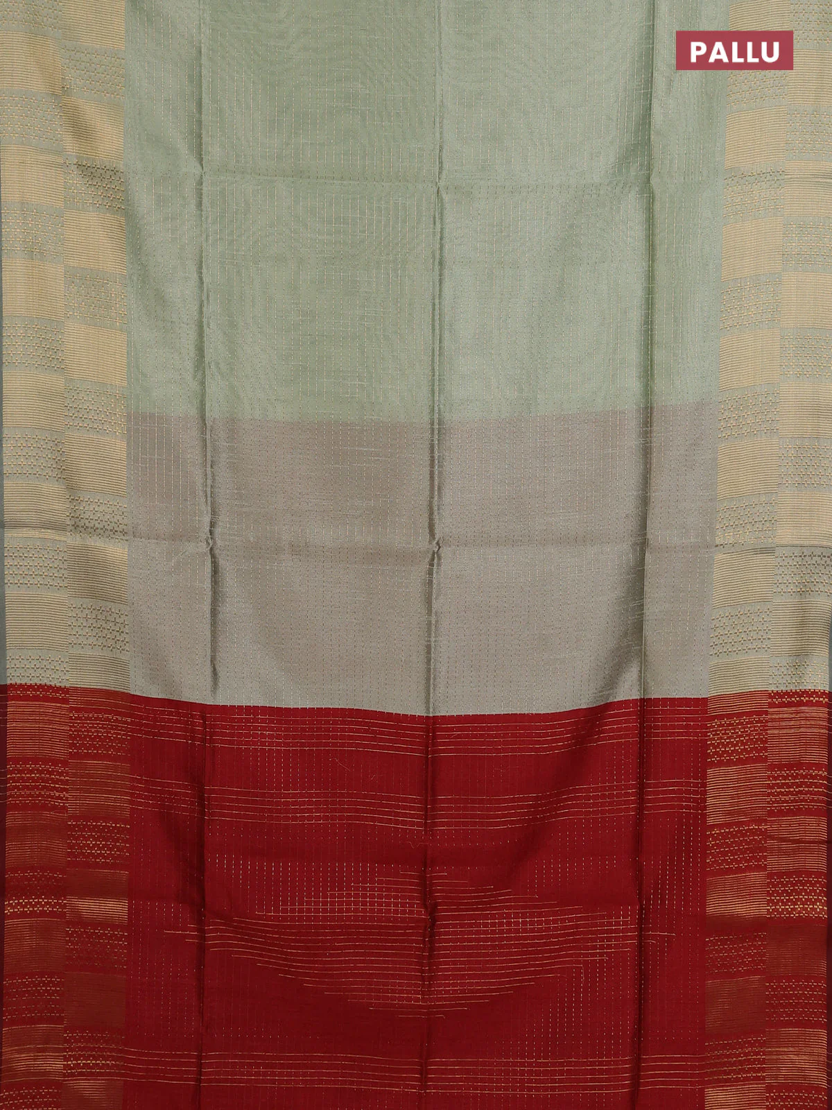 Semi dupion saree pastel green and maroon with allover zari stripes pattern and zari woven border - Image 3