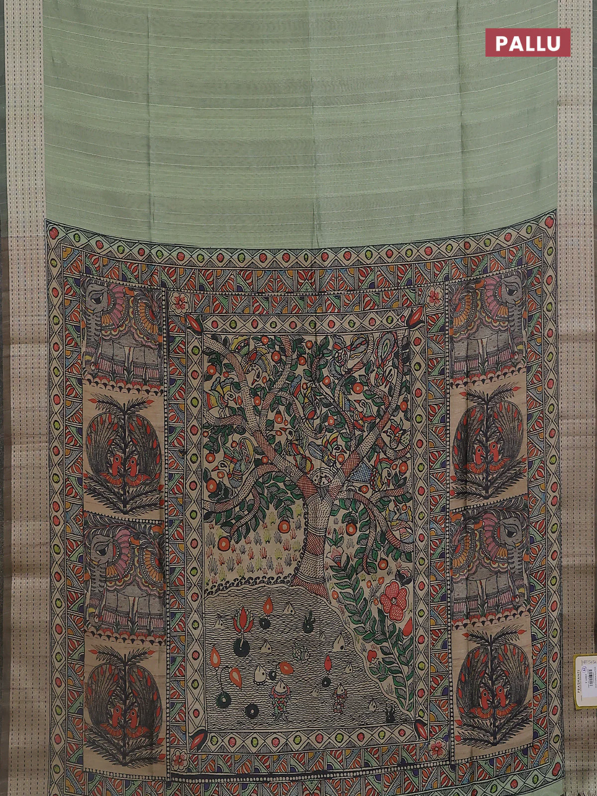 Semi dupion saree pastel green with plain body and madhubani printed pallu & kantha stitch work - Image 3
