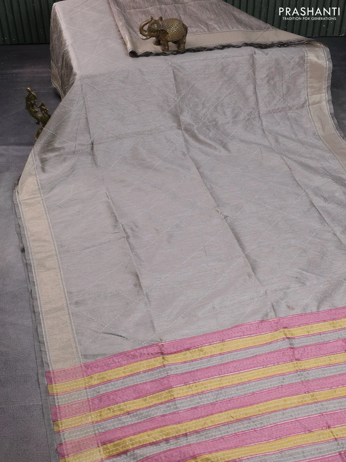 Semi dupion saree pastel grey and multi colour with allover kantha stitch work and zari woven border - Image 2