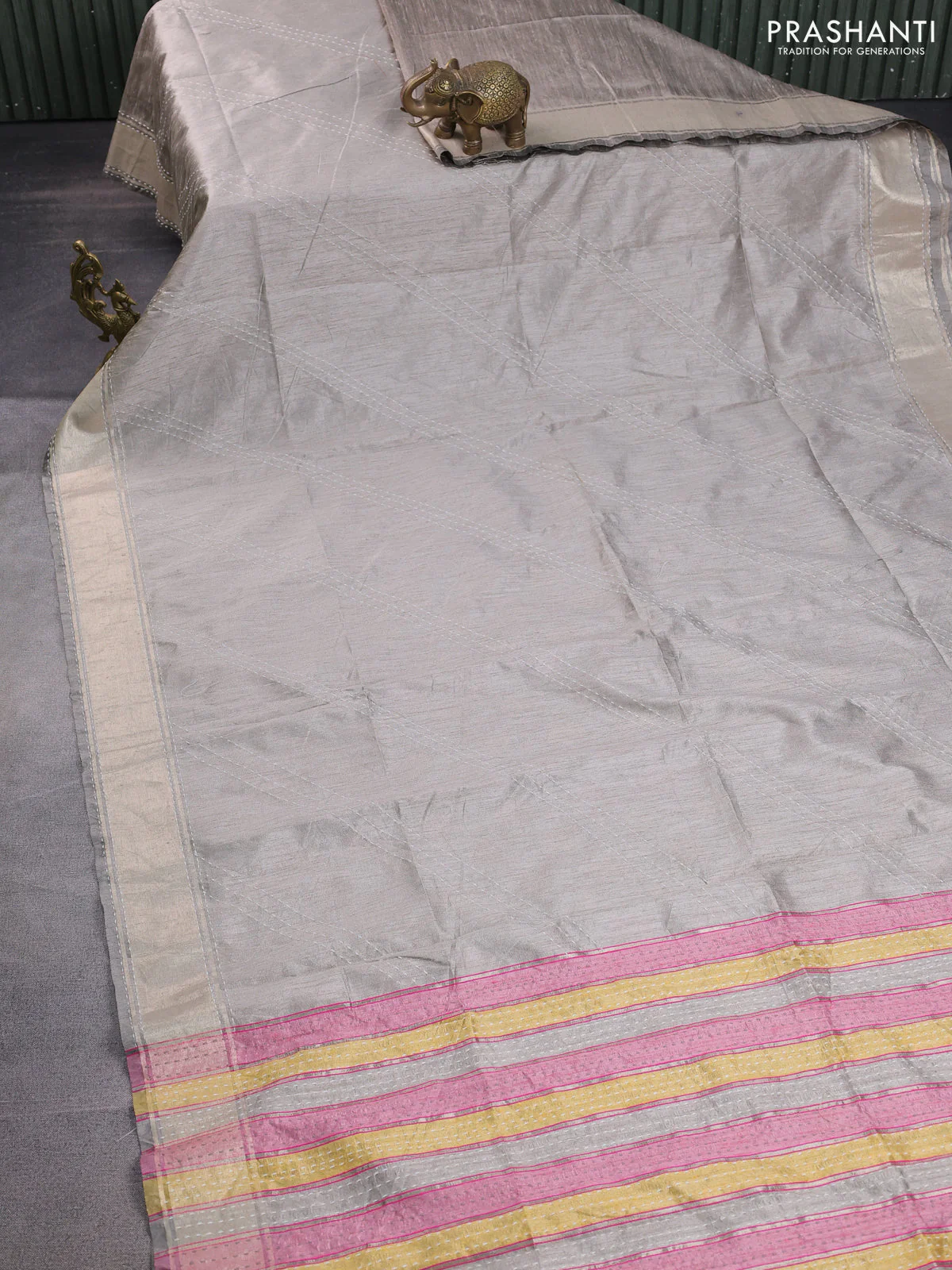 Semi dupion saree pastel grey and multi colour with allover kantha stitch work and zari woven border - Image 2