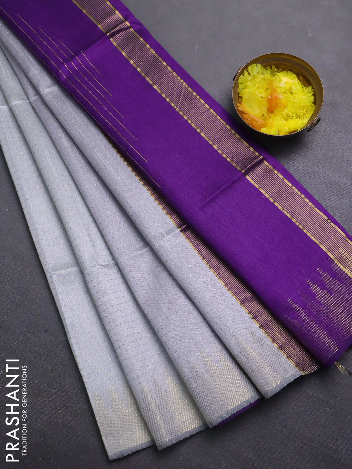 Semi dupion saree pastel grey and purple with allover zari weaves and temple zari woven border