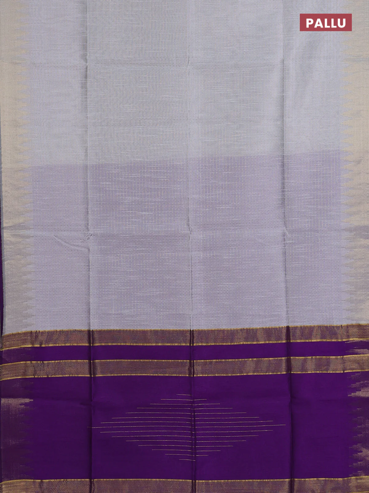 Semi dupion saree pastel grey and purple with allover zari weaves and temple zari woven border - Image 3