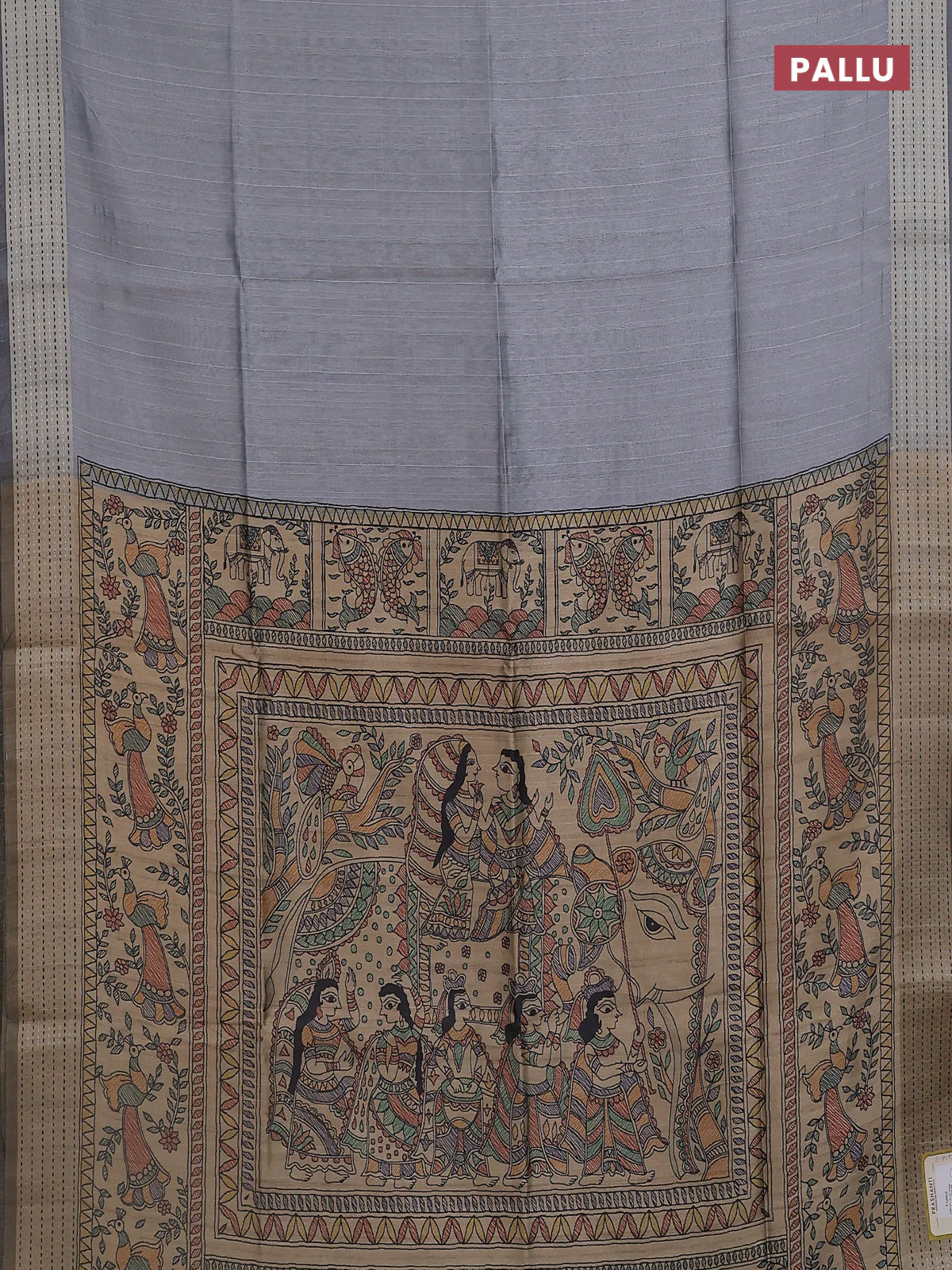 Semi dupion saree pastel grey with plain body and madhubani printed pallu & kantha stitch work - Image 3