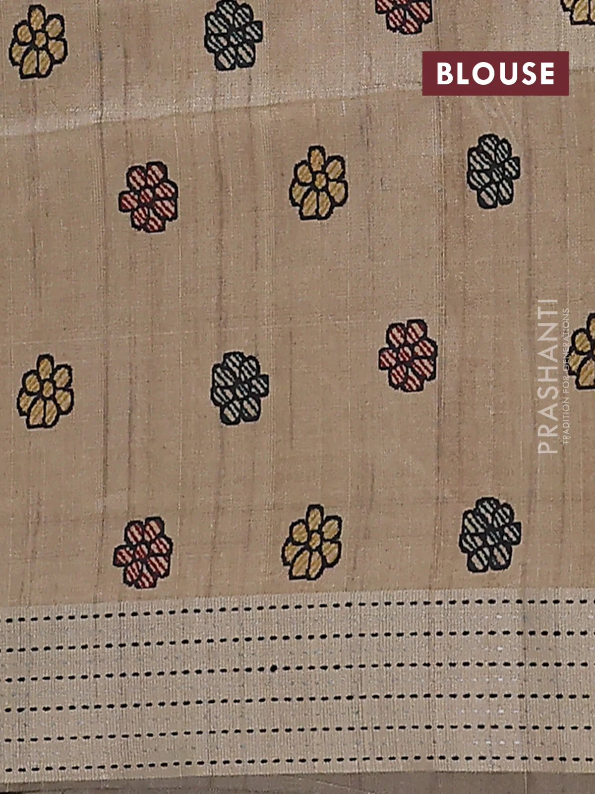 Semi dupion saree pastel grey with plain body and madhubani printed pallu & kantha stitch work - Image 4